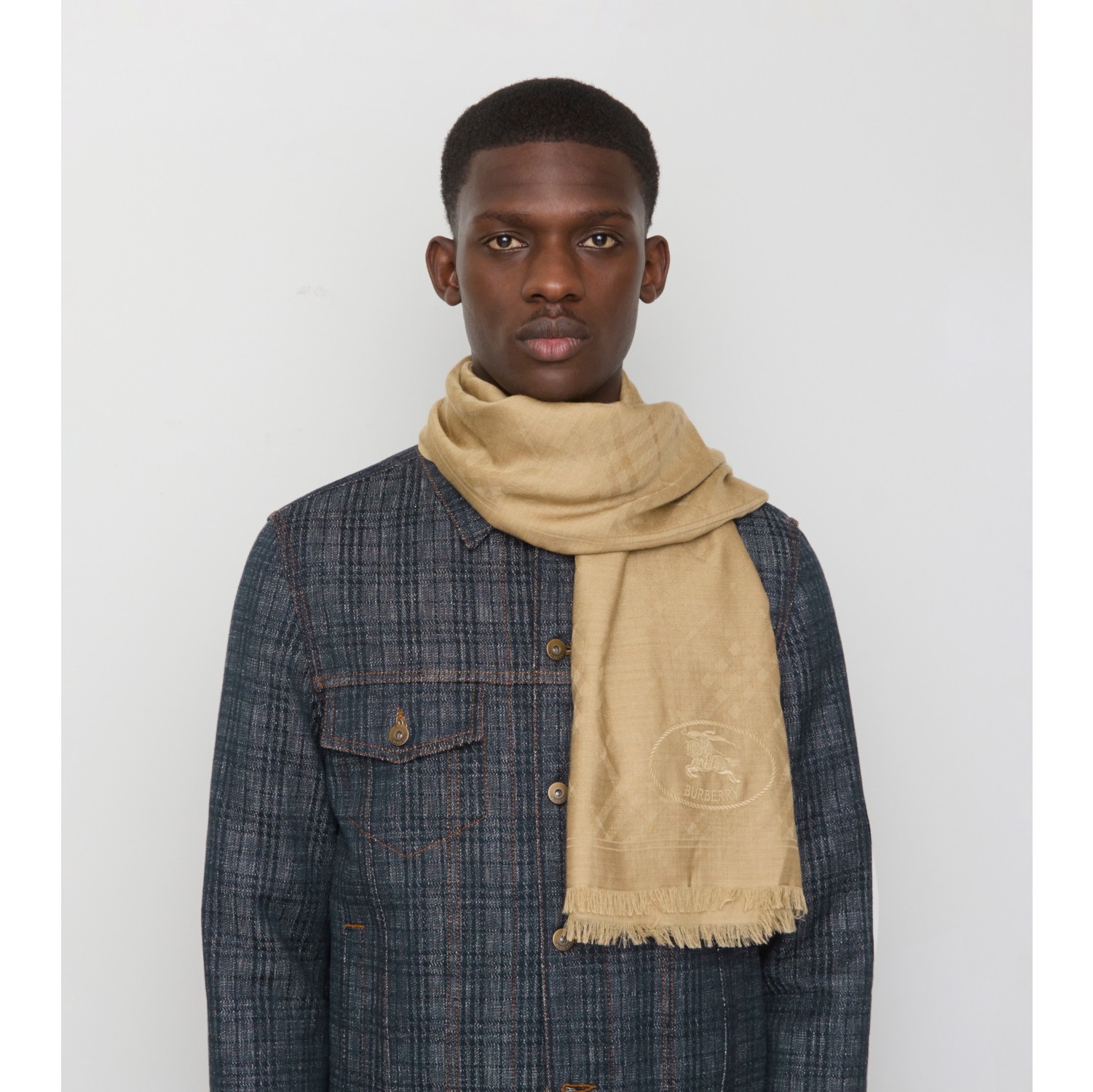 Wide Check Wool Silk Scarf