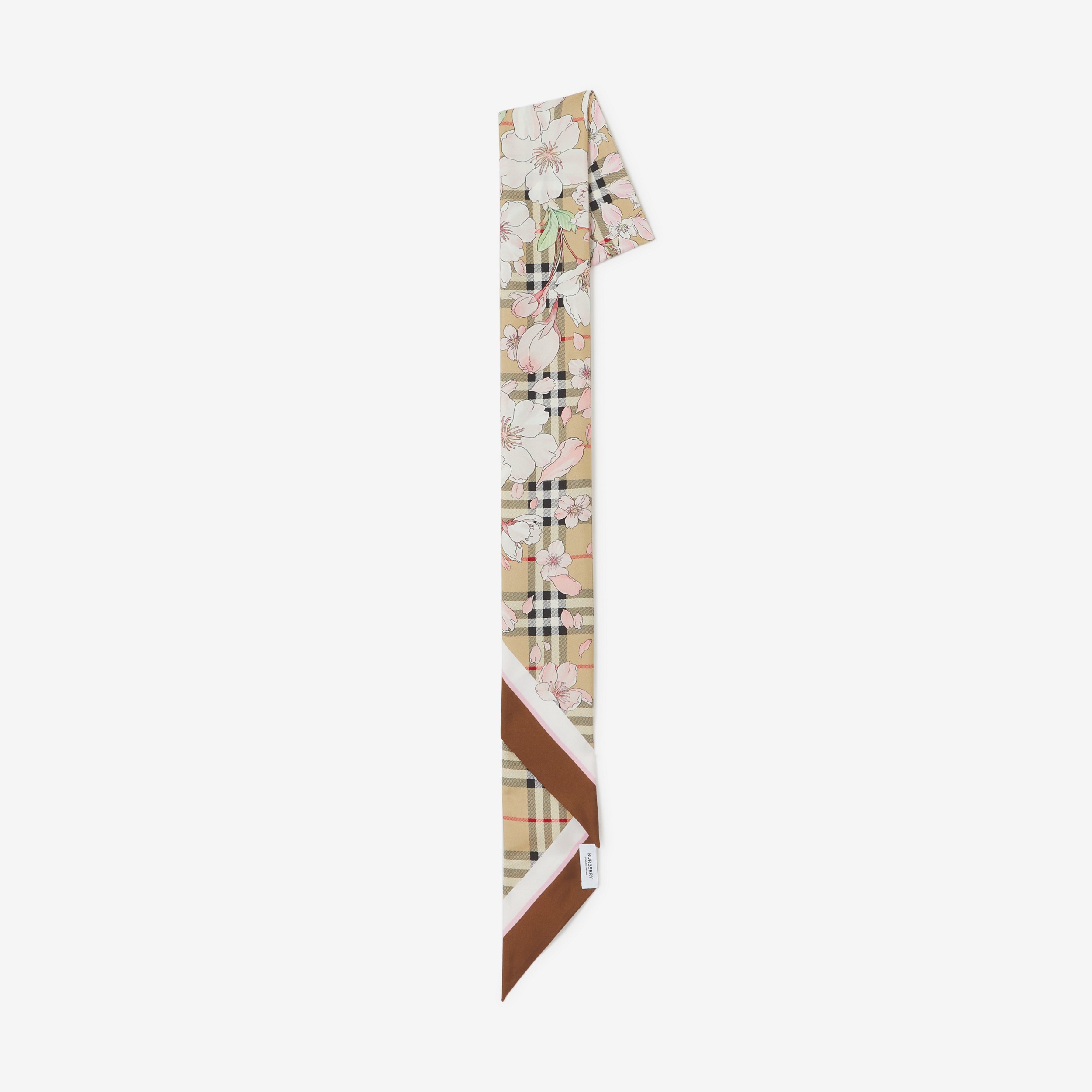 Floral Check Print Silk Skinny Scarf in Archive Beige | Burberry® Official - 2