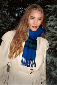 Shot of Model Rosie Huntington-Whiteley wearing a Burberry Trench Coat and Burberry Check Scarf in colour Knight