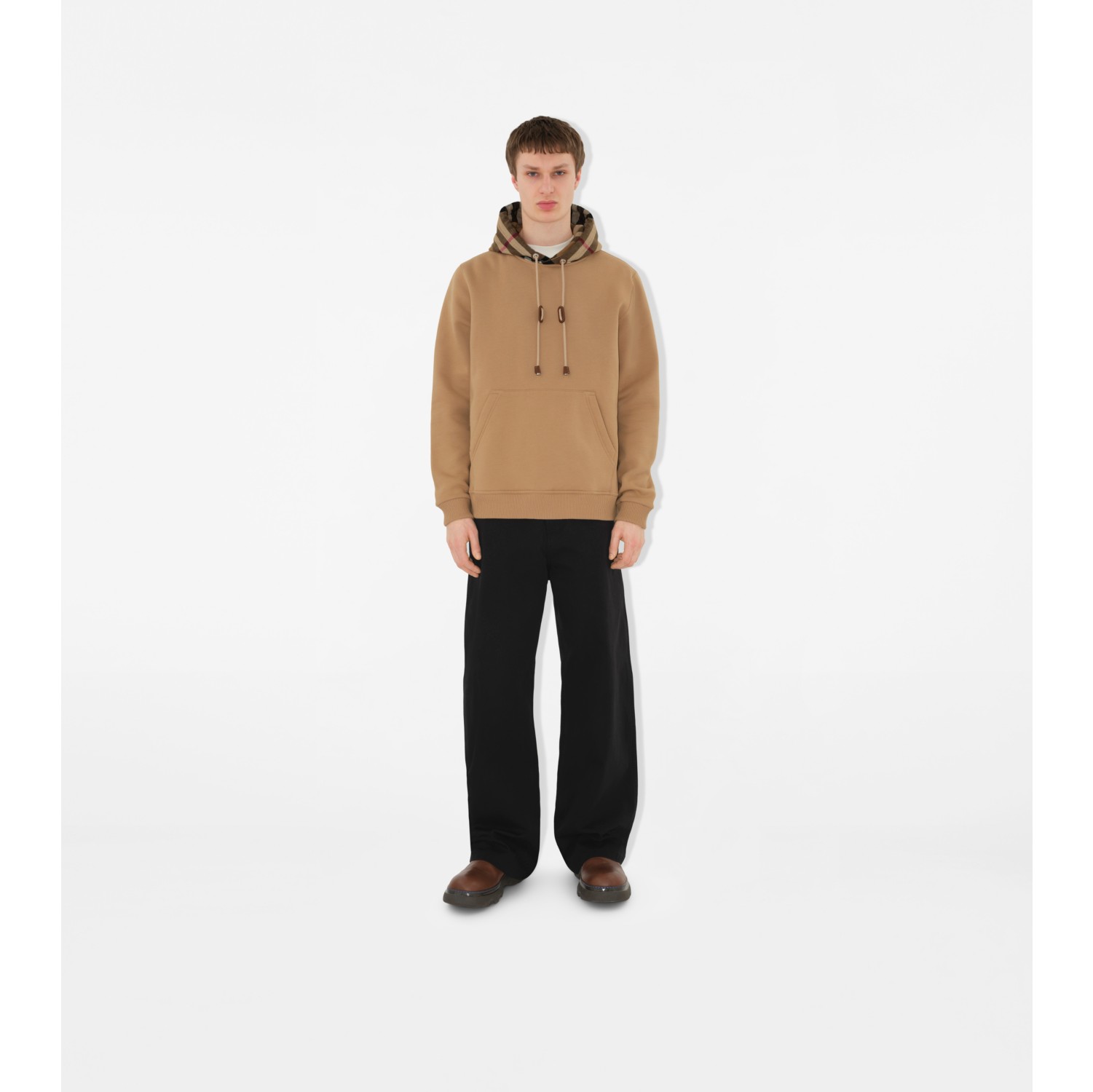 Check Trim Cotton Blend Hoodie in Camel - Men | Burberry® Official