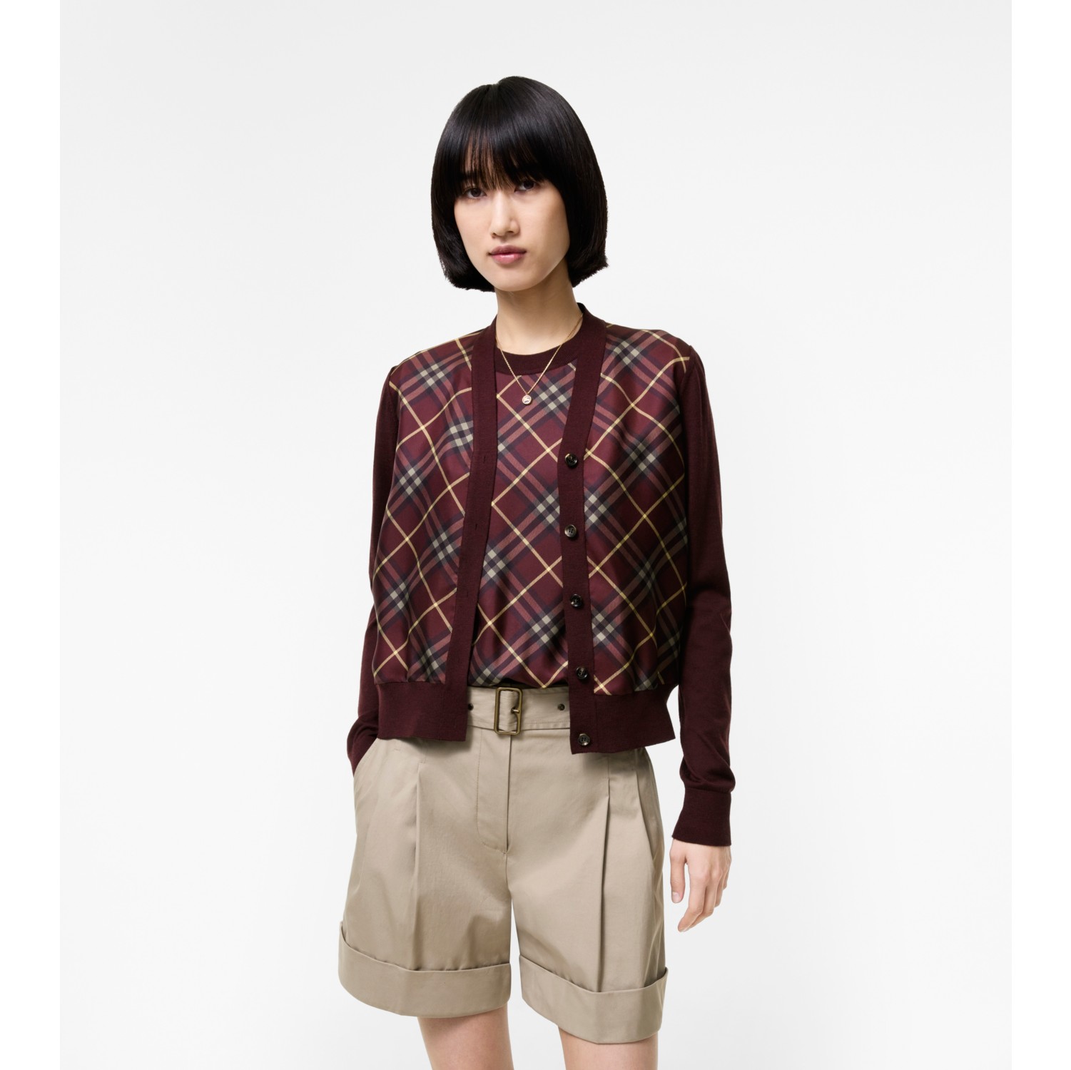 Check Panel Wool Silk Cardigan