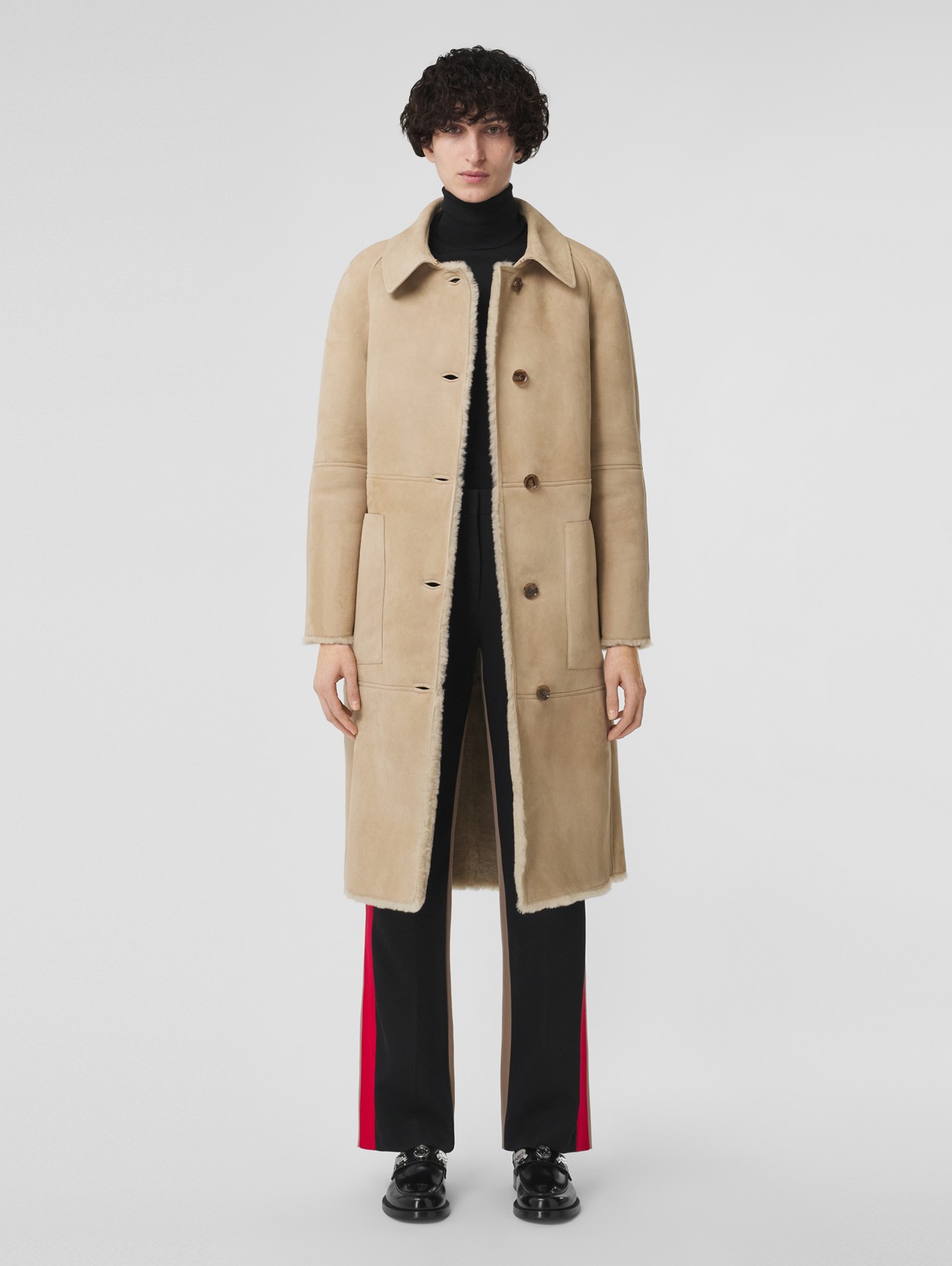 Shearling Single-breasted Coat in Soft Fawn