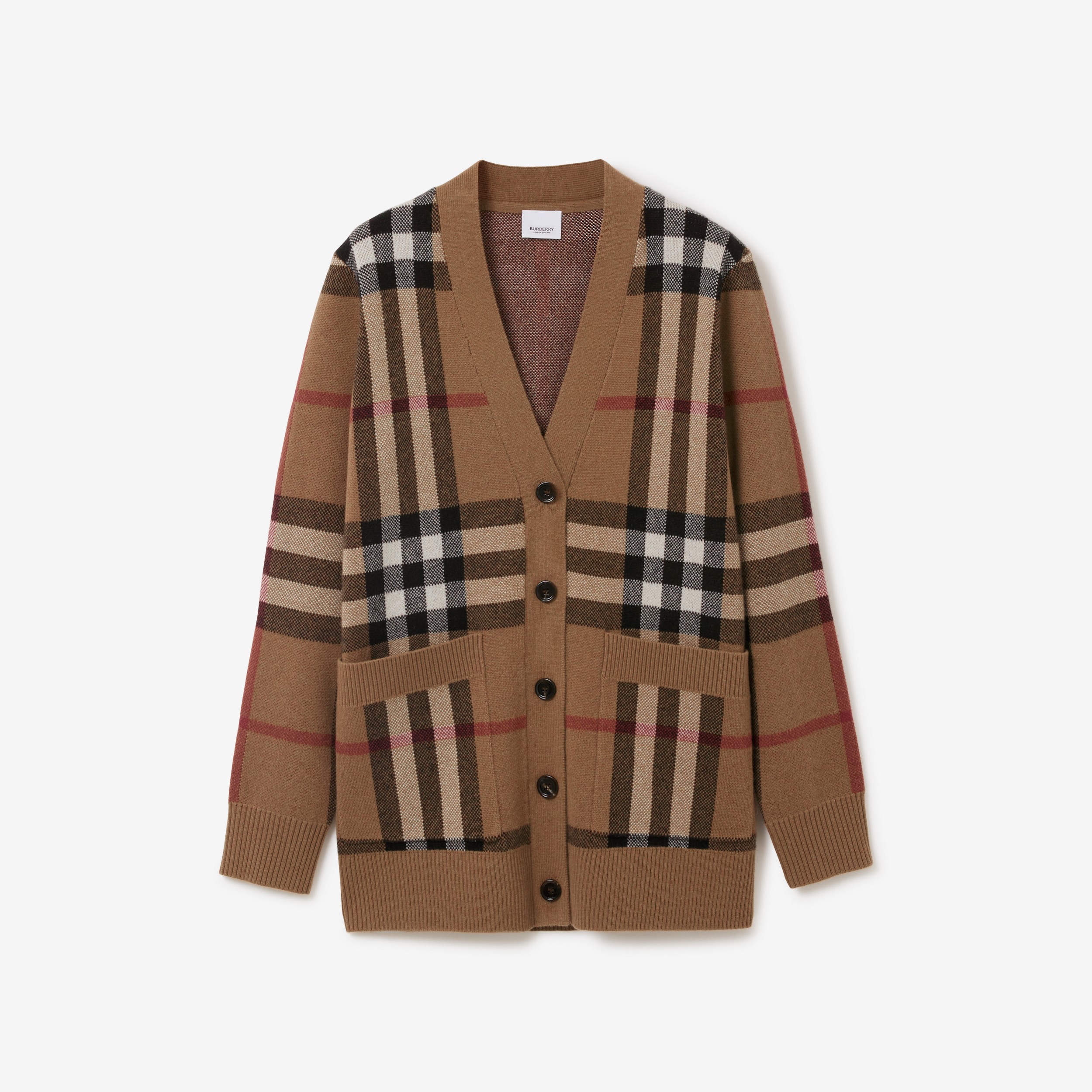 Check Wool Cashmere Jacquard Cardigan in Birch Brown - Women | Burberry® Official