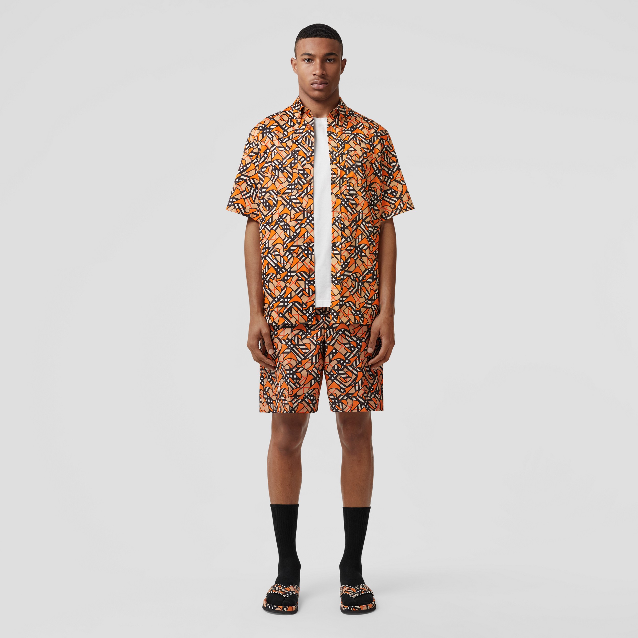 Short-sleeve Monogram Print Cotton Poplin Shirt in Bright Orange - Men | Burberry® Official - 1
