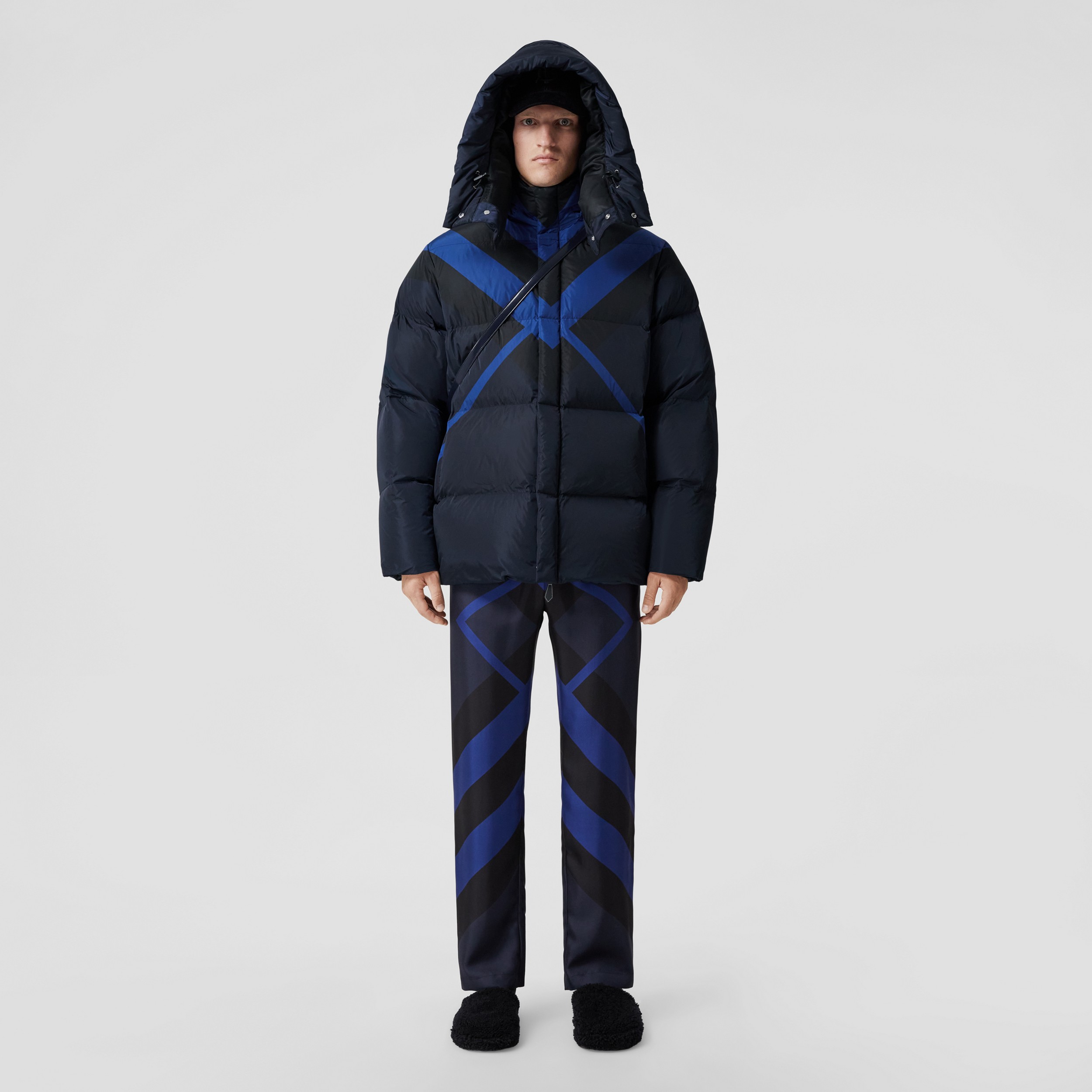 Detachable Hood Chevron Check Nylon Puffer Jacket – Exclusive Capsule Collection in Dark Charcoal Blue - Men | Burberry® Official - 1