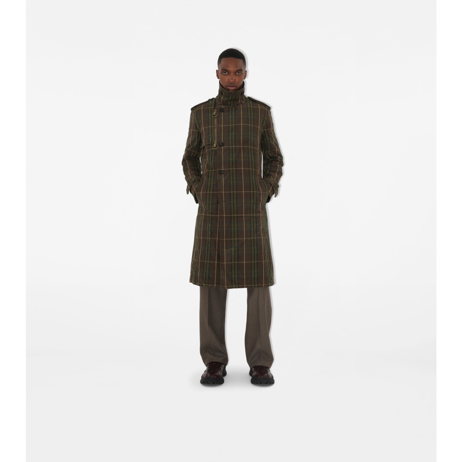 Trench coat longo de algodão em Check