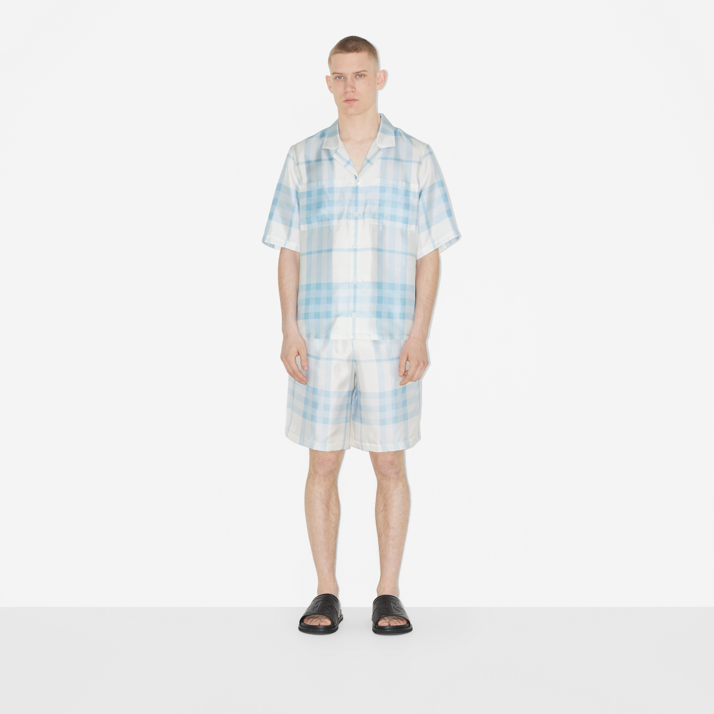 Short-sleeve Check Silk Shirt in Pale Sky Blue - Men | Burberry® Official - 2