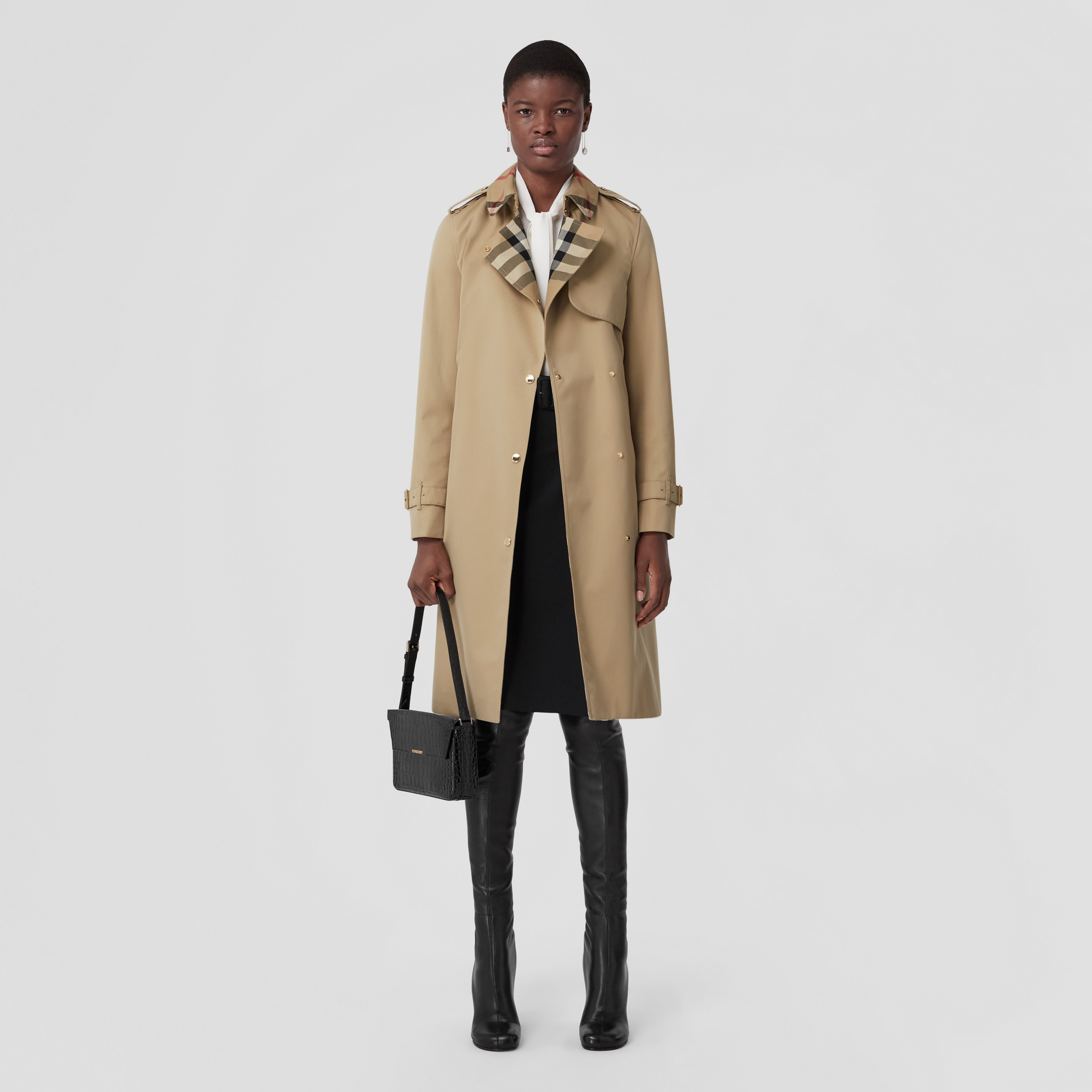 Trench coat en algodón de gabardina con paneles a cuadros (Miel) - Mujer | Burberry® oficial - 1