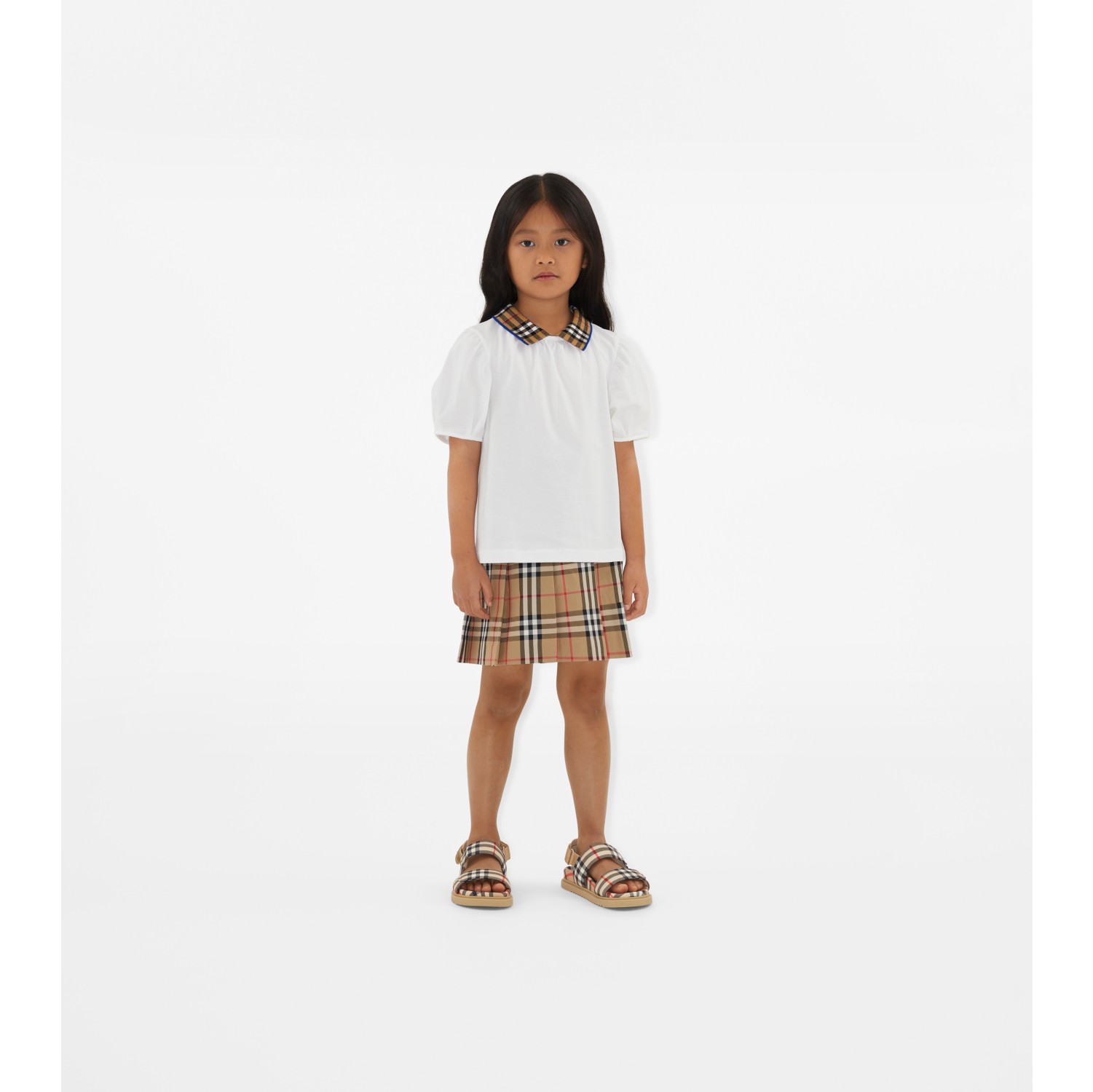 Check Cotton Pleated Skirt in Archive beige