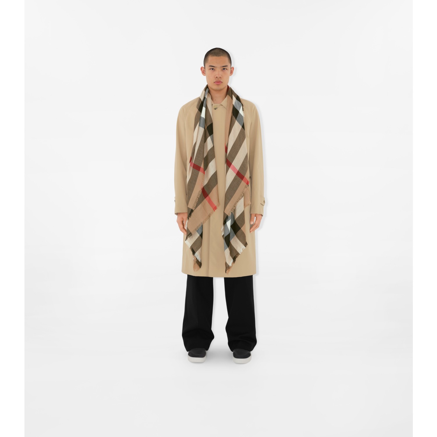 Check Cashmere Silk Blend Tweed Scarf in Archive beige