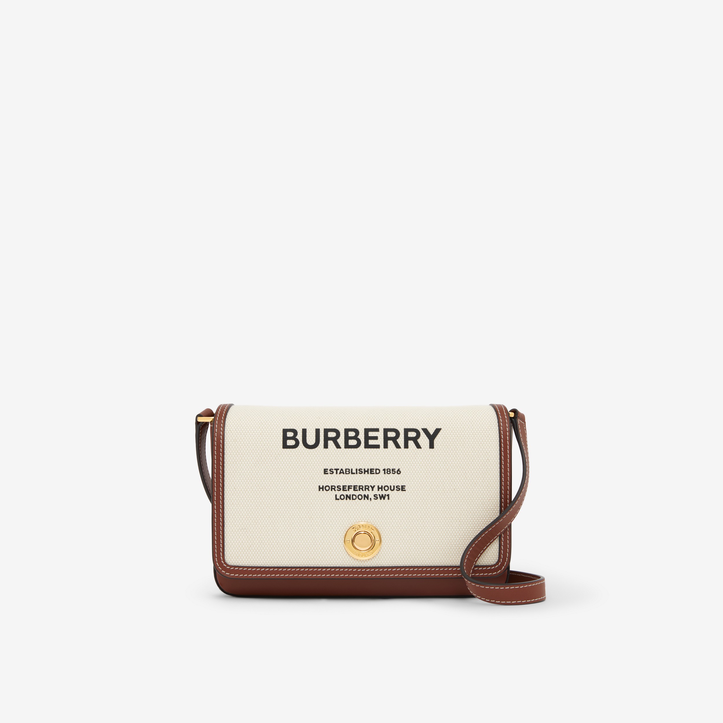 Bolsa Note de lona com estampa Horseferry e couro - Mini (Natural/canela) - Mulheres | Burberry® oficial - 1