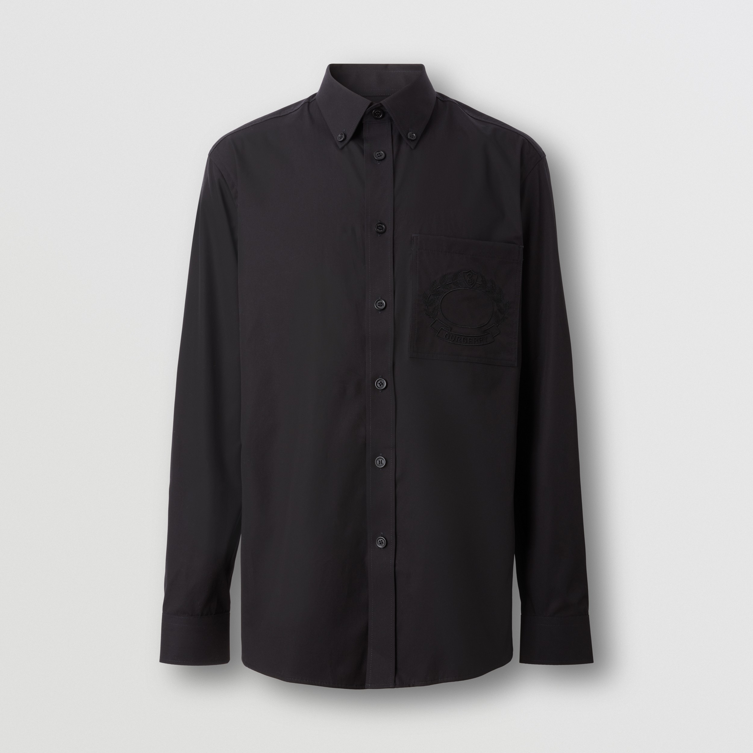 Embroidered Oak Leaf Crest Stretch Cotton Shirt in Black - Men | Burberry® Official - 4
