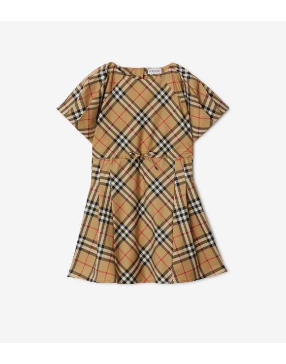 Pleated Check Stretch Cotton Dress