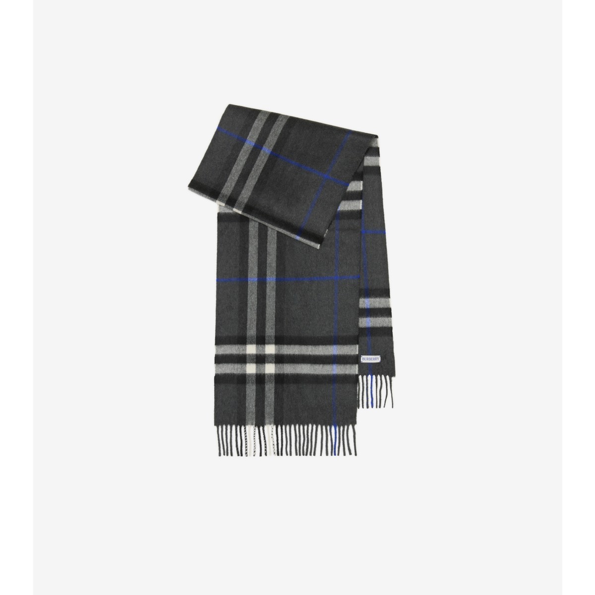 Burberry Cashmere Check Fringed Scarf In Dark Charcoal