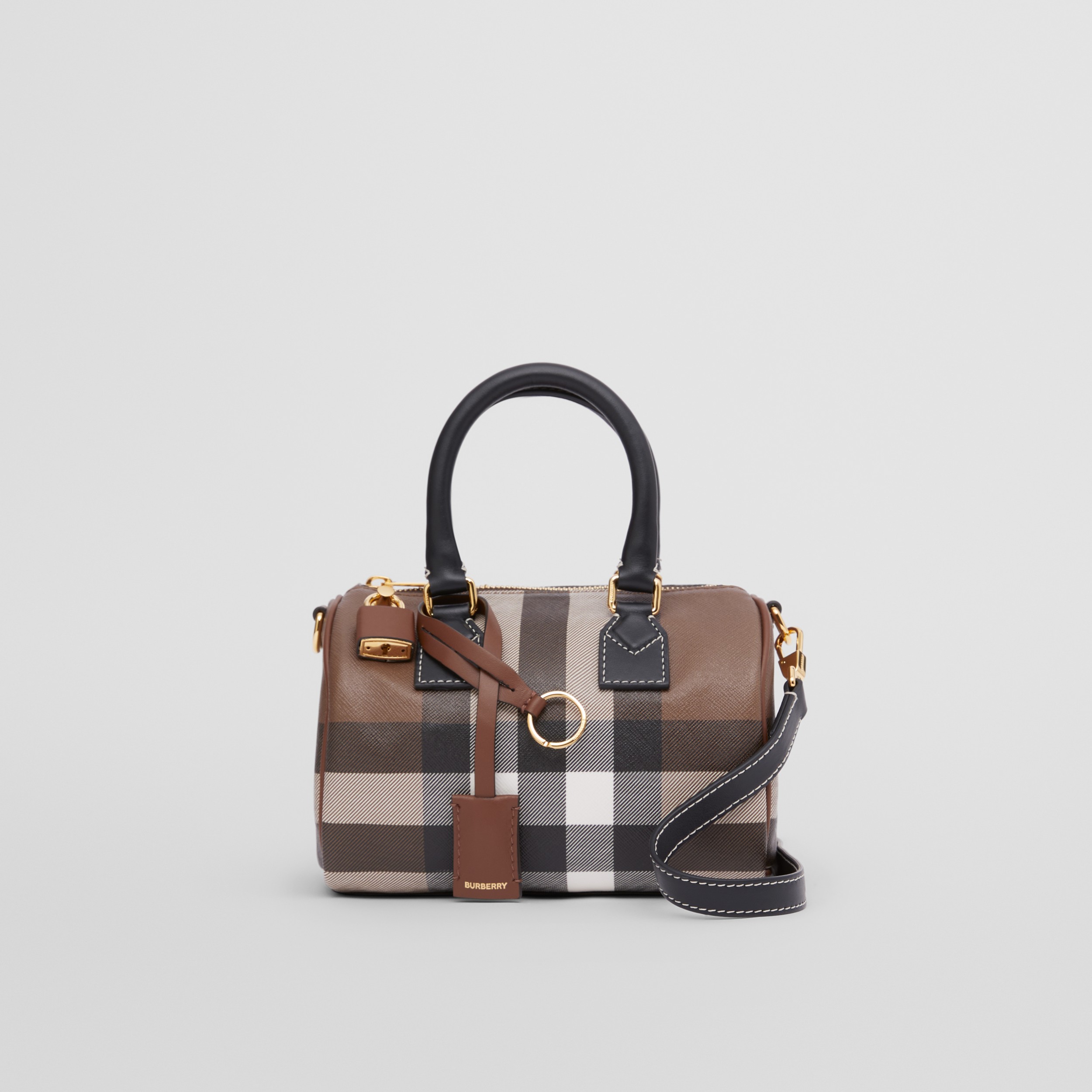 Check and Leather Mini Bowling Bag in Dark Birch Brown - Women | Burberry® Official - 1