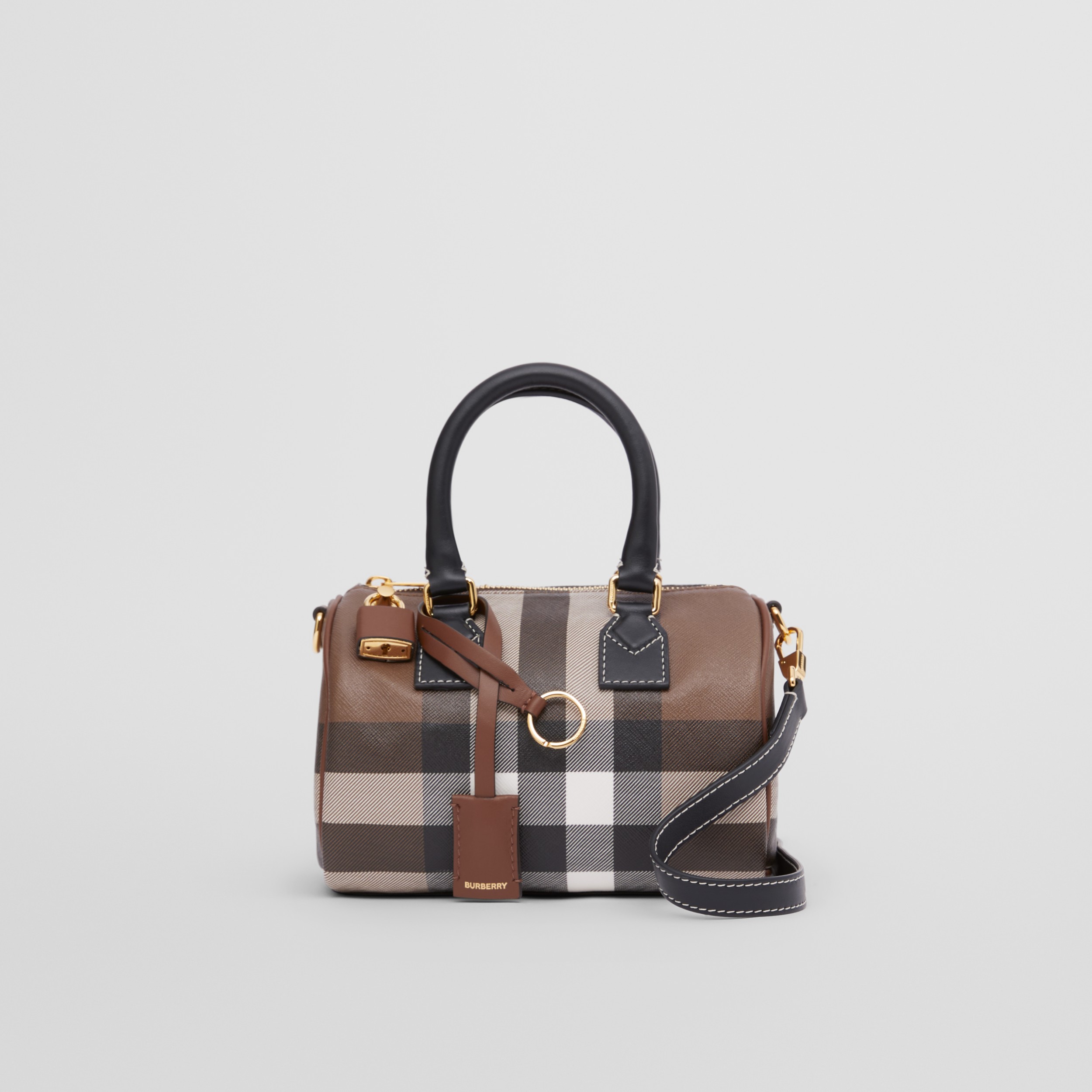 Check and Leather Mini Bowling Bag in Dark Birch Brown Women