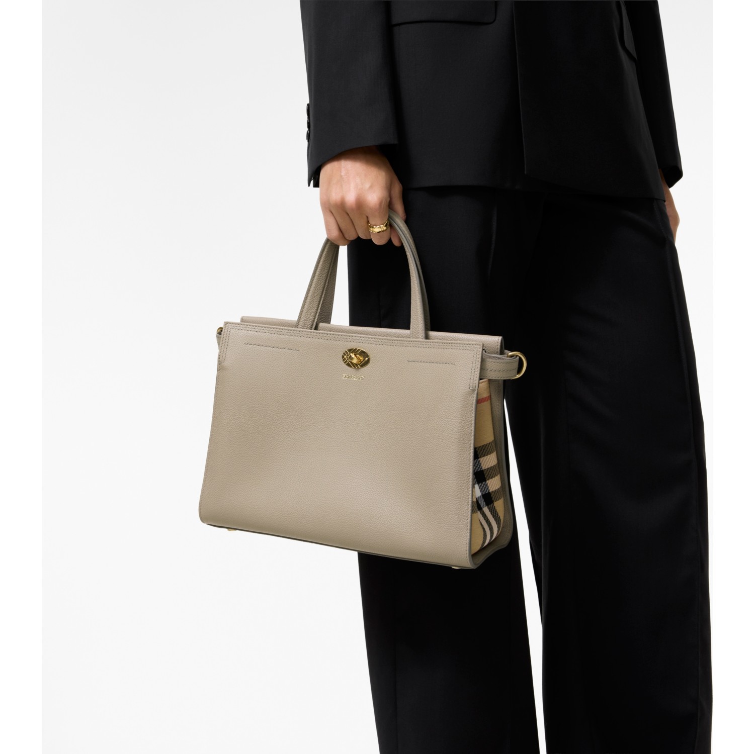 Small Cotswolds Check Tote in Mushroom beige - Women, Leather | Burberry® Official