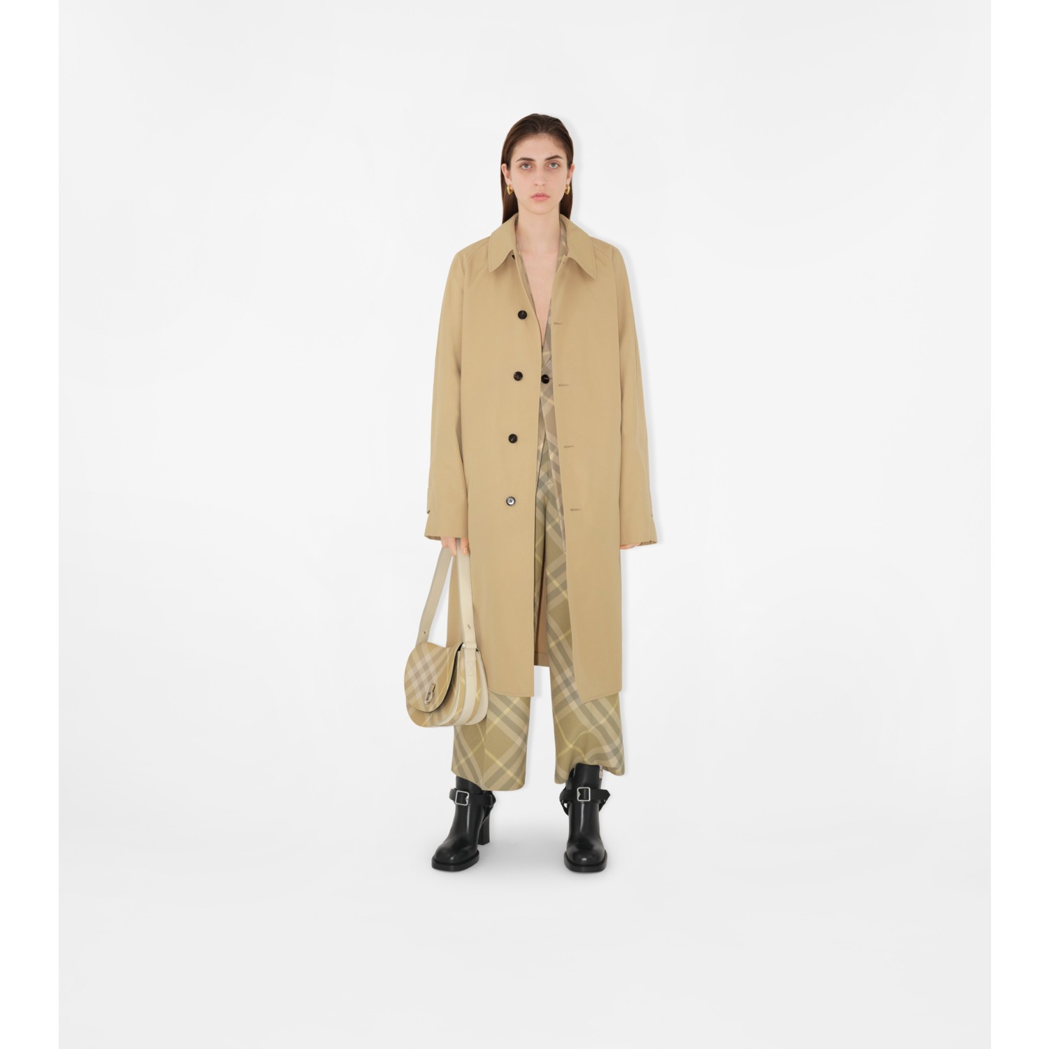 Long Cotton Blend Car Coat in Flax Women Cotton Gabardine Burberry Official