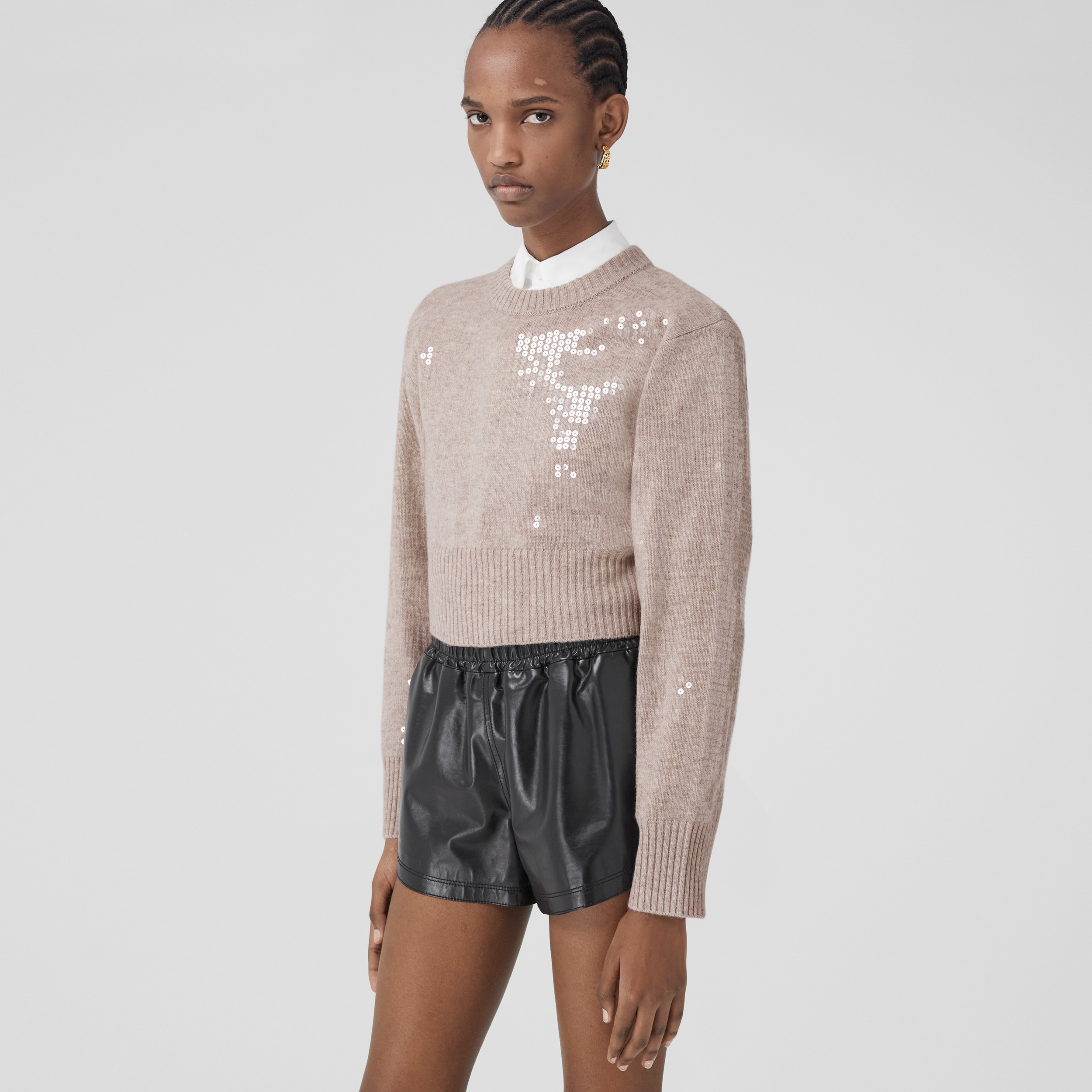 Sequinned Cashmere Cropped Sweater in Beige Melange - Women | Burberry® Official - 1