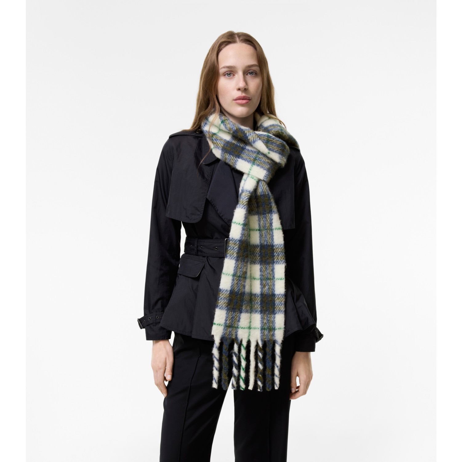 Narrow Check Alpaca Wool Blend Scarf