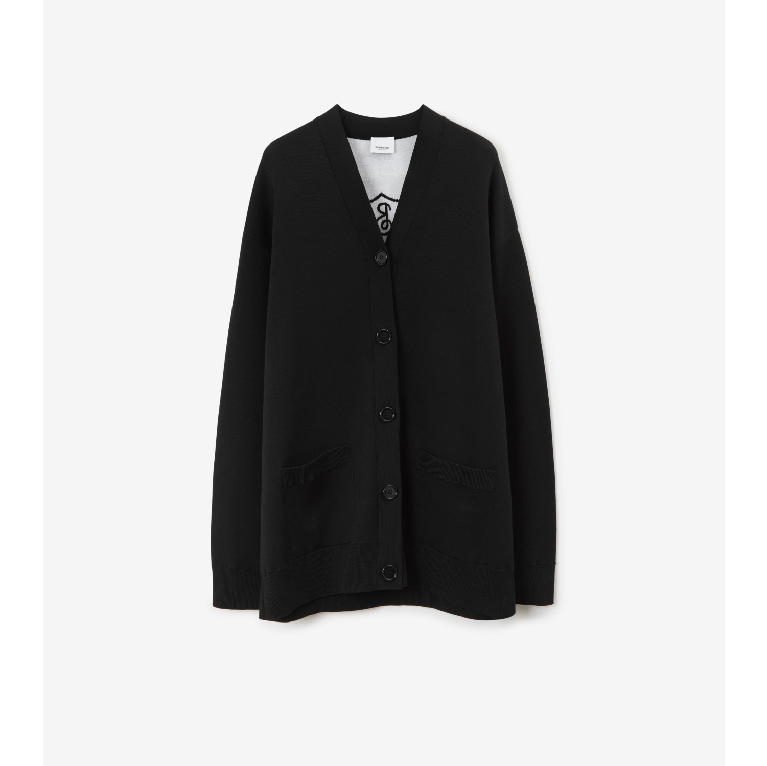 Chequered Crest Oversized Cardigan in Black Men Cotton Wool Burberry Official