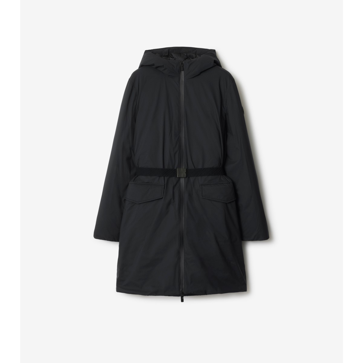 Burberry Down Mid-length Hooded Nylon Coat In Black