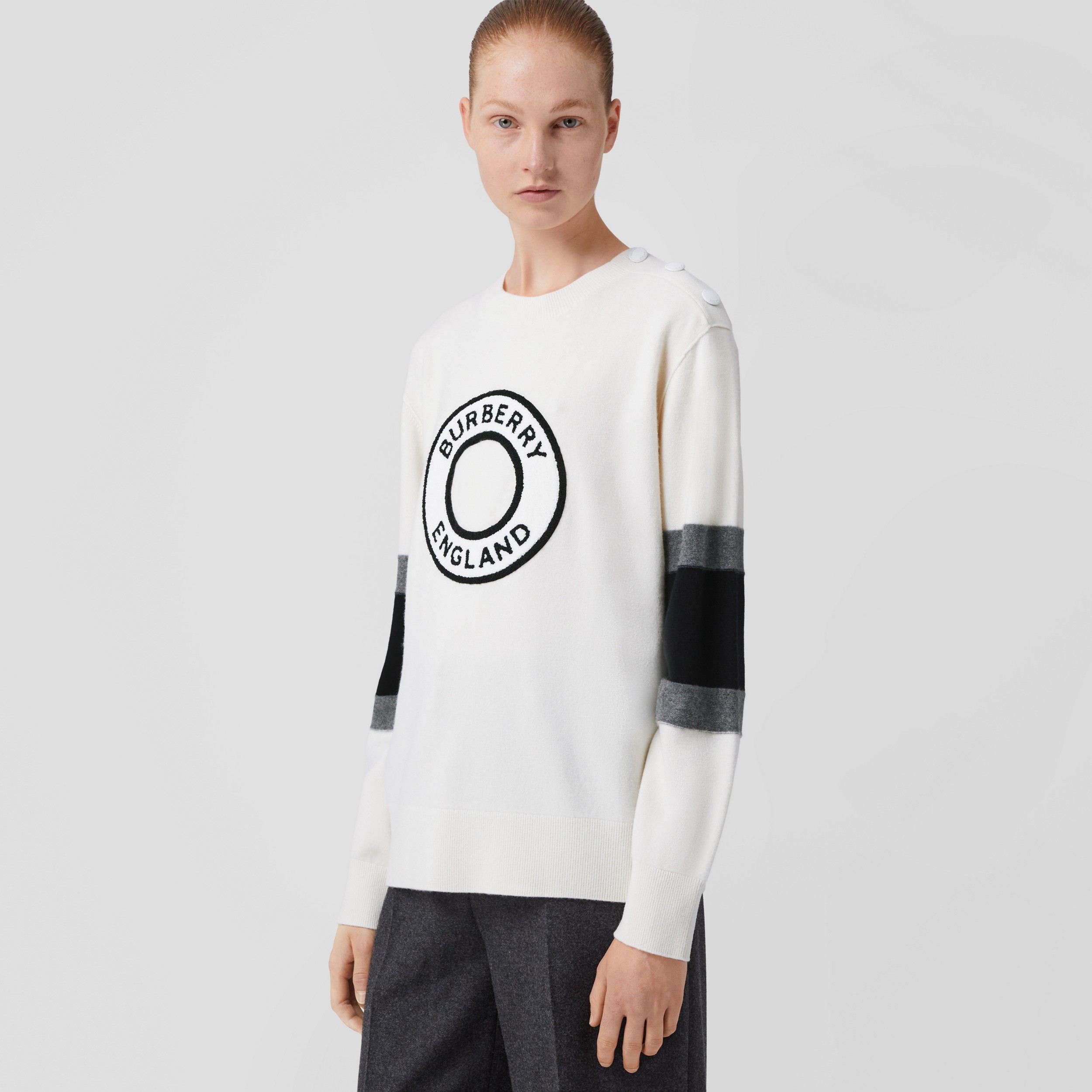Logo Graphic Appliqué Wool Cashmere Sweater in Natural White - Women | Burberry® Official - 1