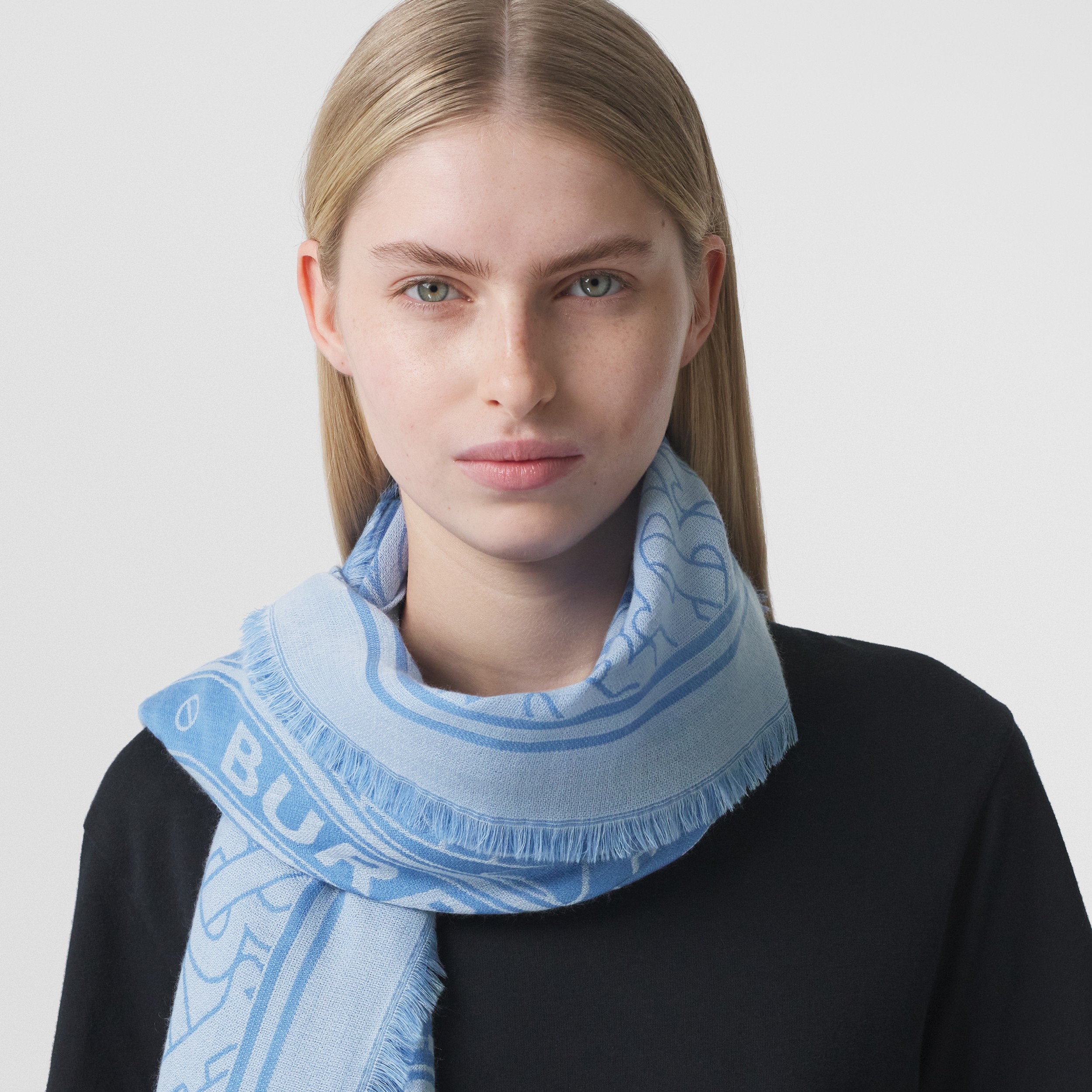Lightweight Logo Graphic Cashmere Jacquard Scarf in Cornflower Blue | Burberry® Official - 3