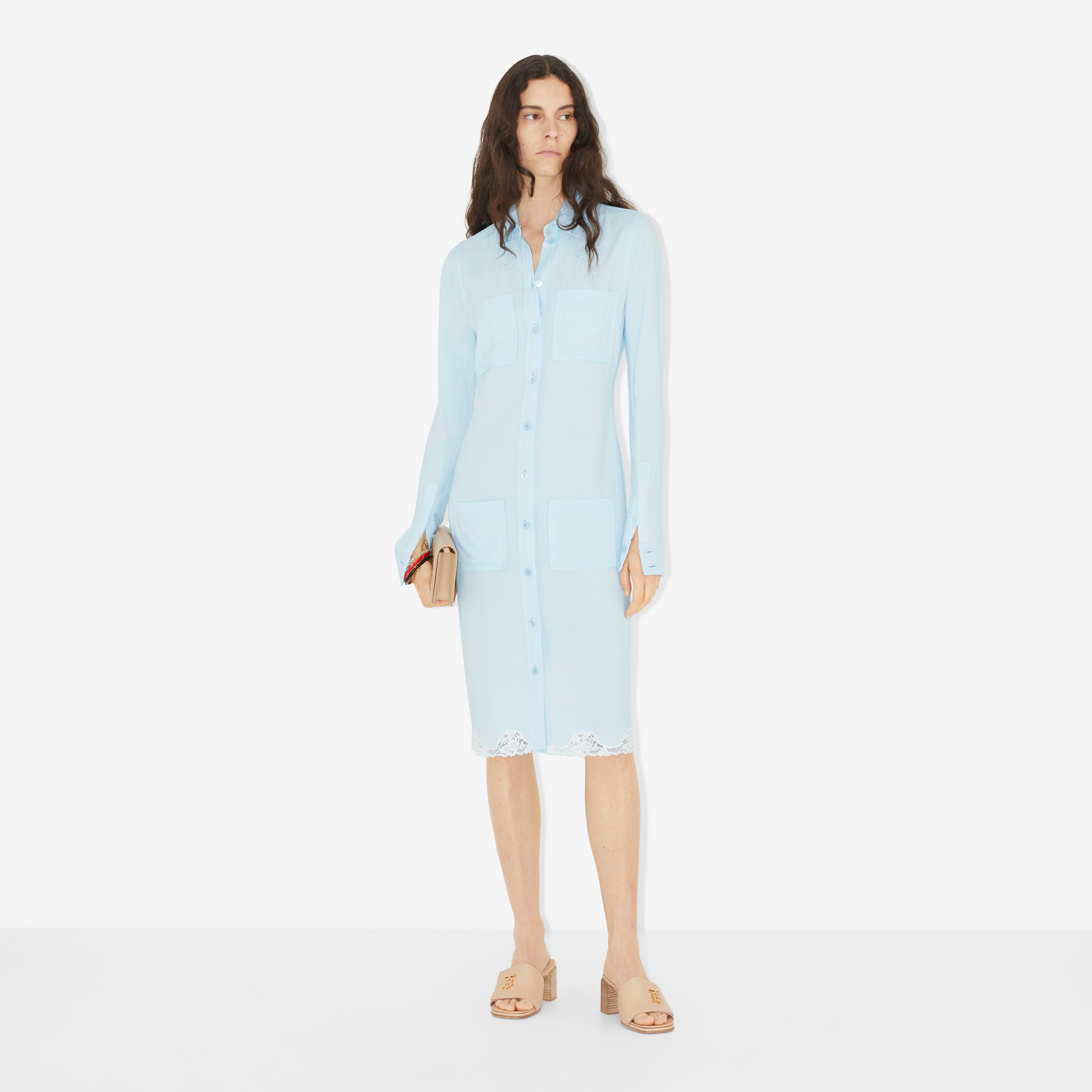 Vestido estilo camisa de viscose com detalhe de renda (Azul Glacial) - Mulheres | Burberry® oficial - 2