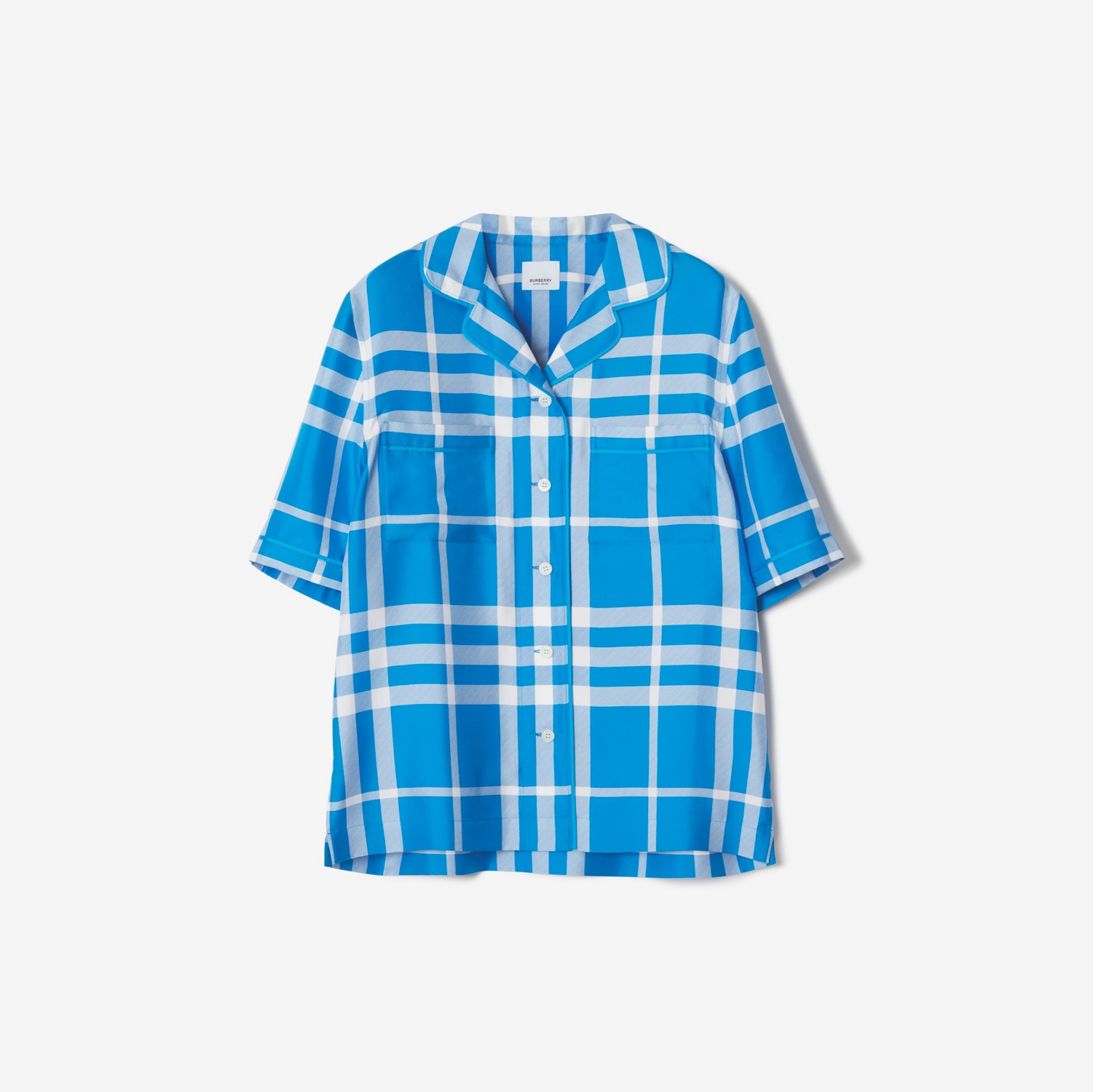 Exaggerated Check Silk Pyjama Shirt in Vivid Blue - Women | Burberry® Official