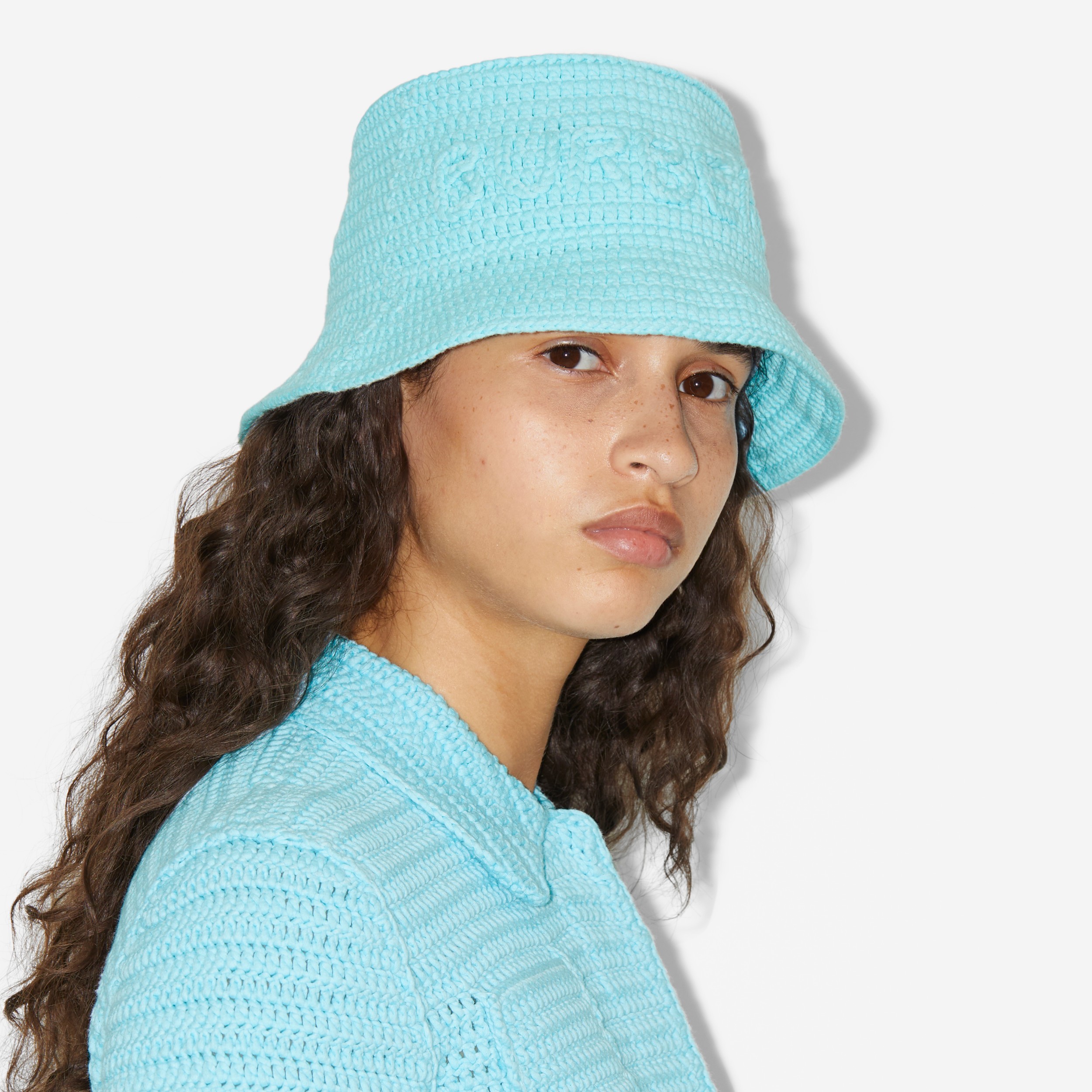 Crochet Technical Cotton Bucket Hat in Bright Topaz Blue Burberry