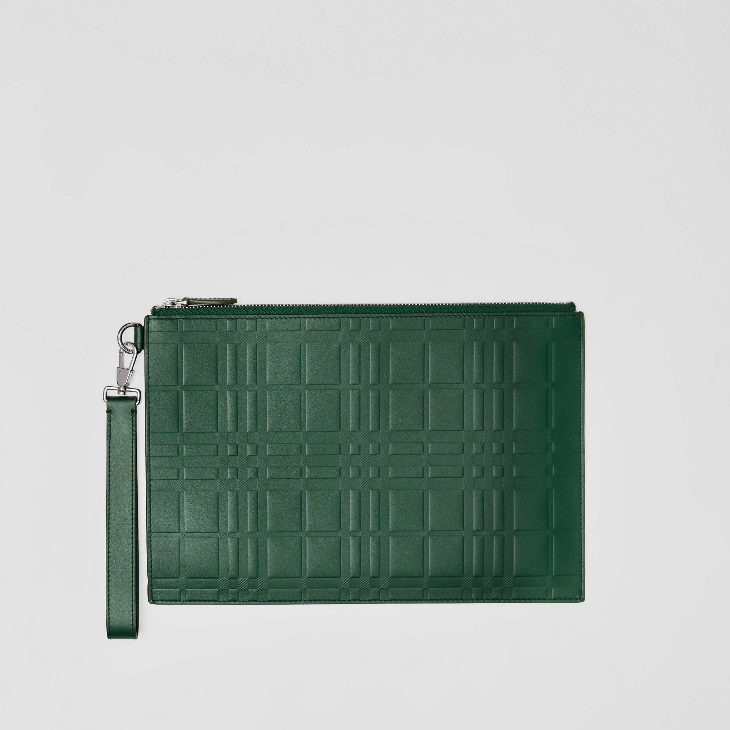 Embossed Check Leather Large Zip Pouch in Dark Viridian Green - Men | Burberry® Official - 1