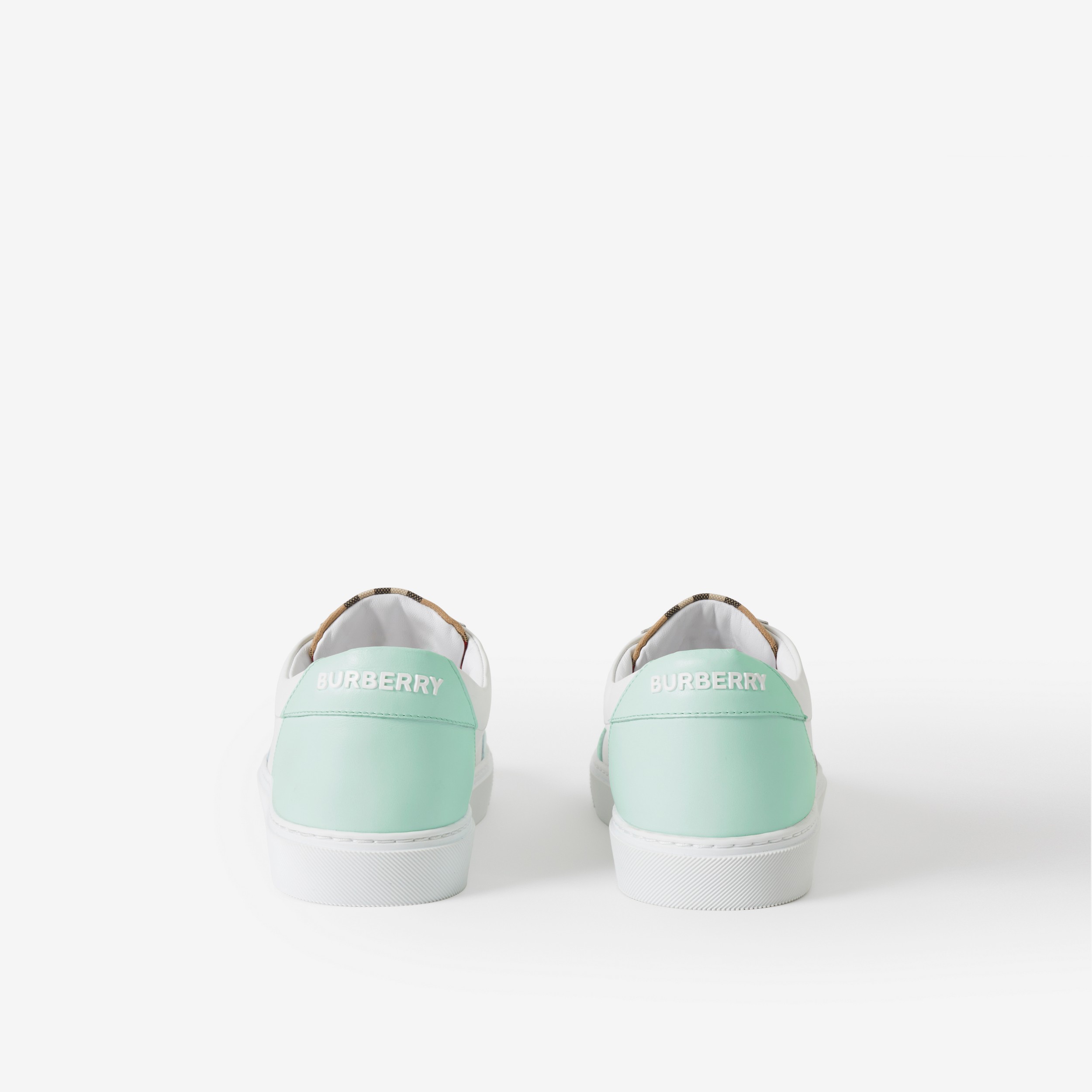 Leather and Check Cotton Sneakers in Optic White/cool Mint - Women | Burberry® Official - 3