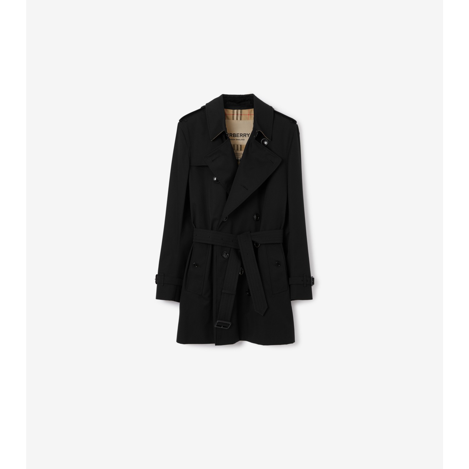 Short Kensington Heritage Trench Coat in Black - Men, Cotton Gabardine ...