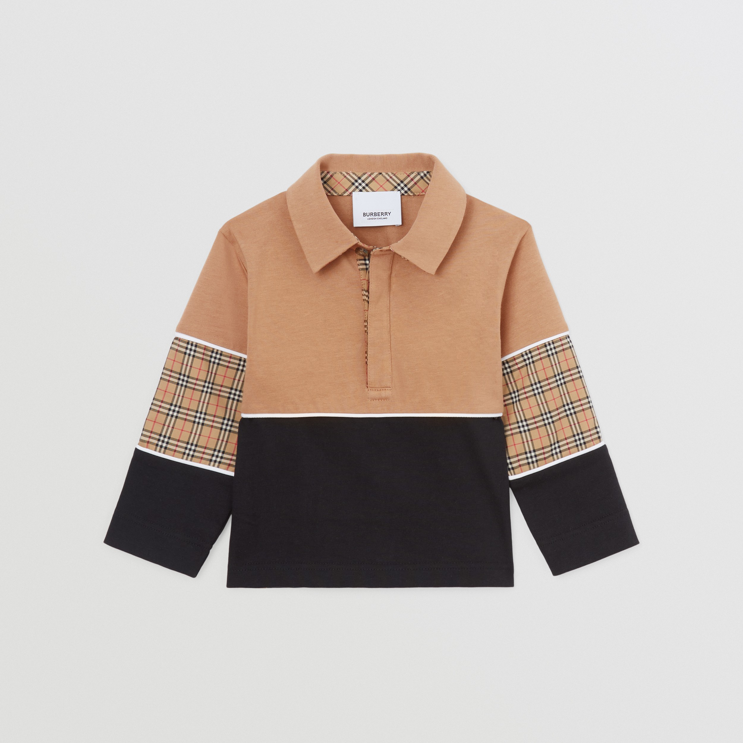 Long-sleeve Check Panel Cotton Polo Shirt in Archive Beige - Children | Burberry® Official - 1