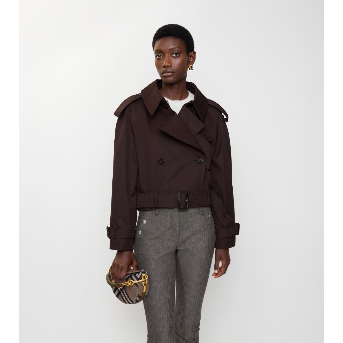  Check Cropped Gabardine Trench Jacket