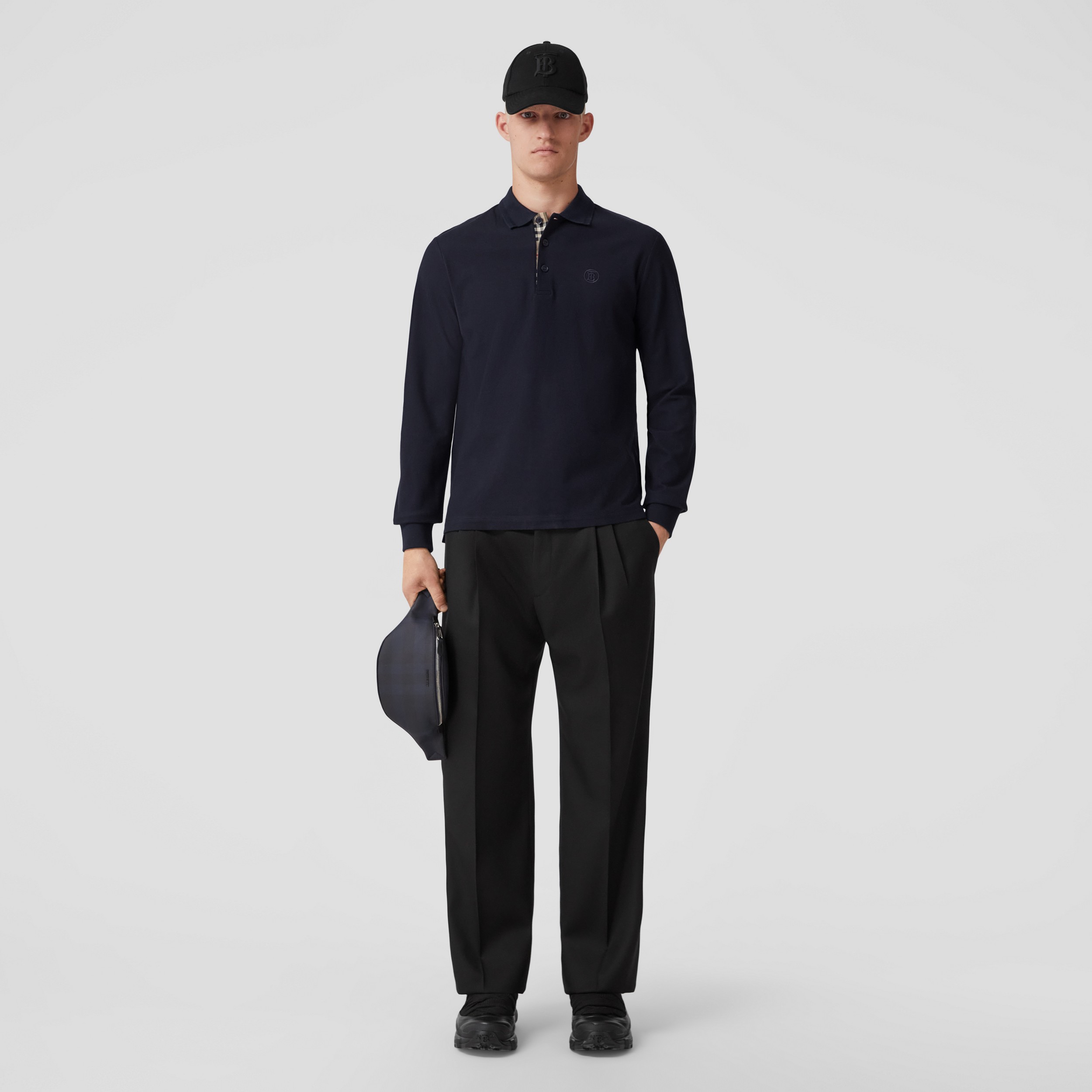 Long-sleeve Monogram Motif Cotton Piqué Polo Shirt in Coal Blue - Men | Burberry® Official - 1