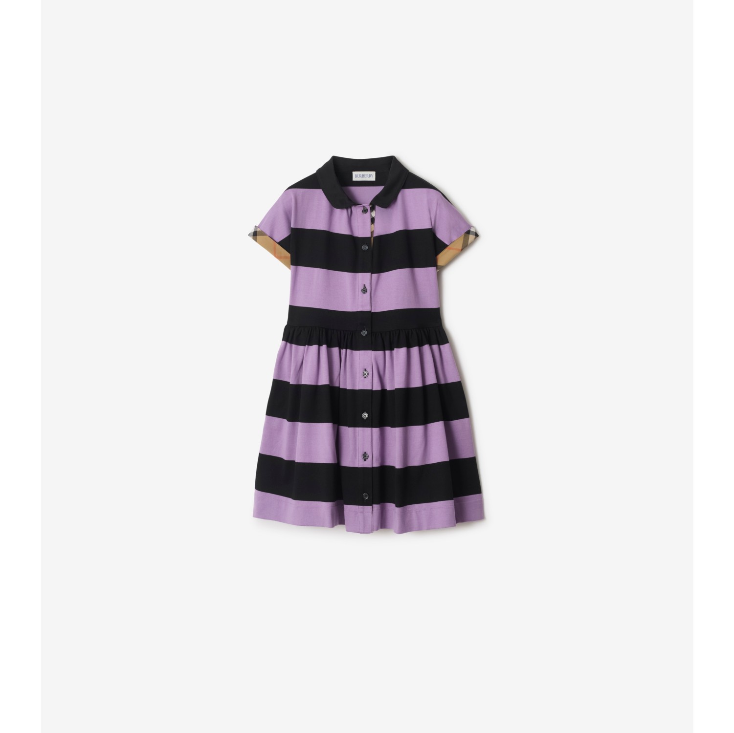 Check Trim Striped Cotton Shirt Dress
