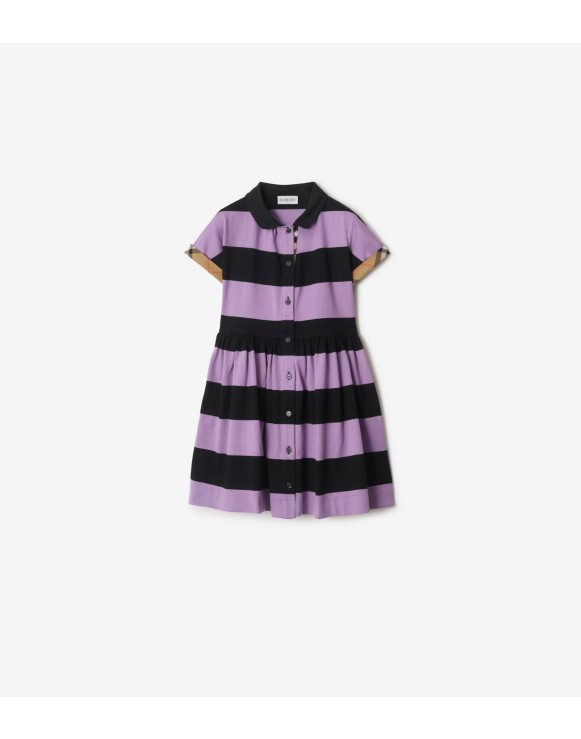 Check Trim Striped Cotton Shirt Dress