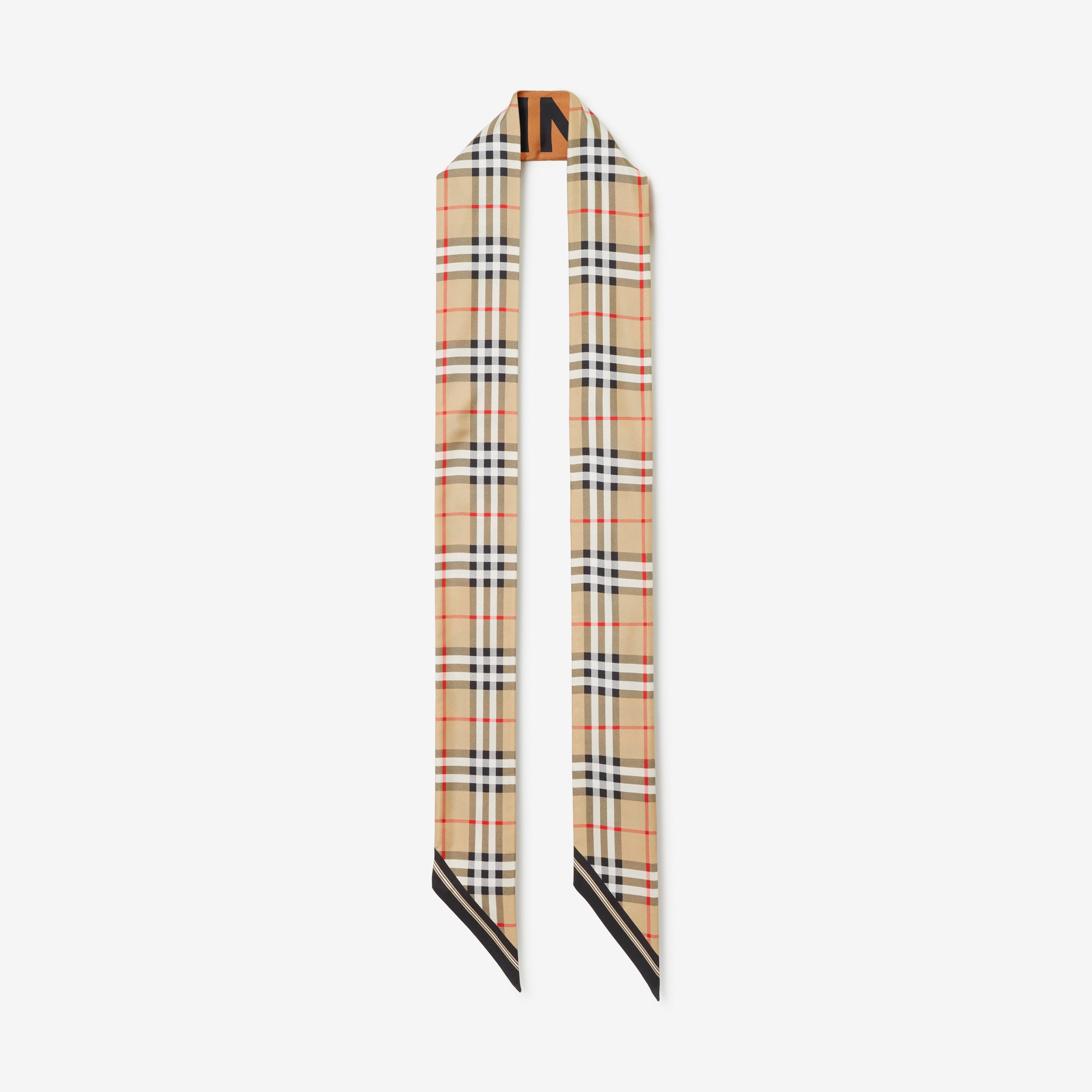 Vintage Check and Logo Print Silk Skinny Scarf in Archive Beige | Burberry® Official - 1