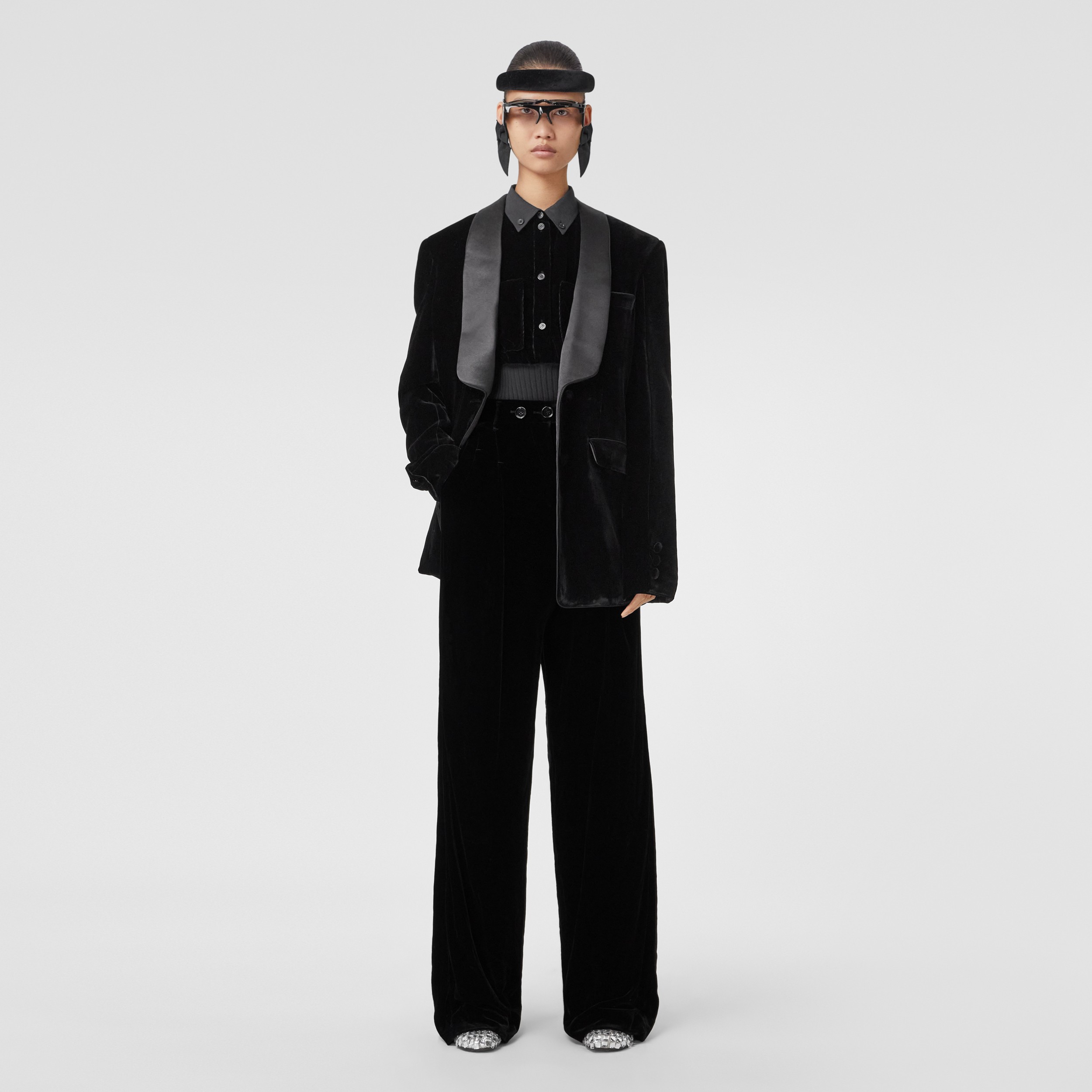 Velvet Wide-leg Trousers in Black - Women | Burberry® Official - 1
