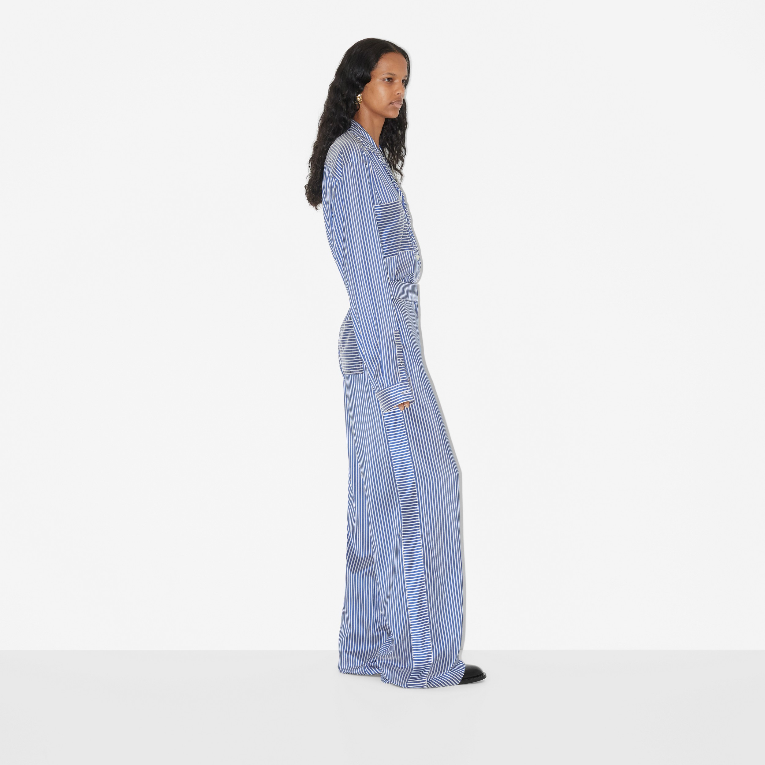 Calças estilo pantalona de seda com listras (Azul/branco) - Mulheres | Burberry® oficial - 3