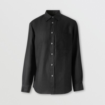 Embroidered Logo Linen Shirt in Black 