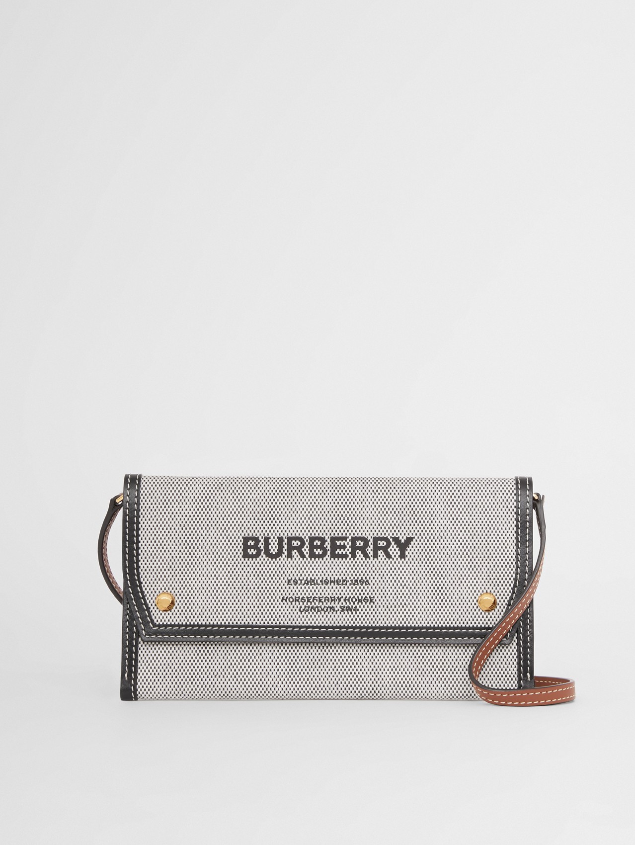 Horseferry Print Canvas Phone Case with Strap in Black/tan
