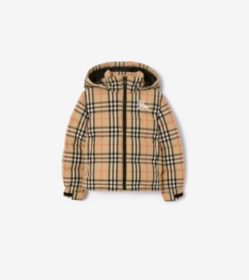 チェック フーデッド ダウンジャケット (サンドベージュ) | Burberry