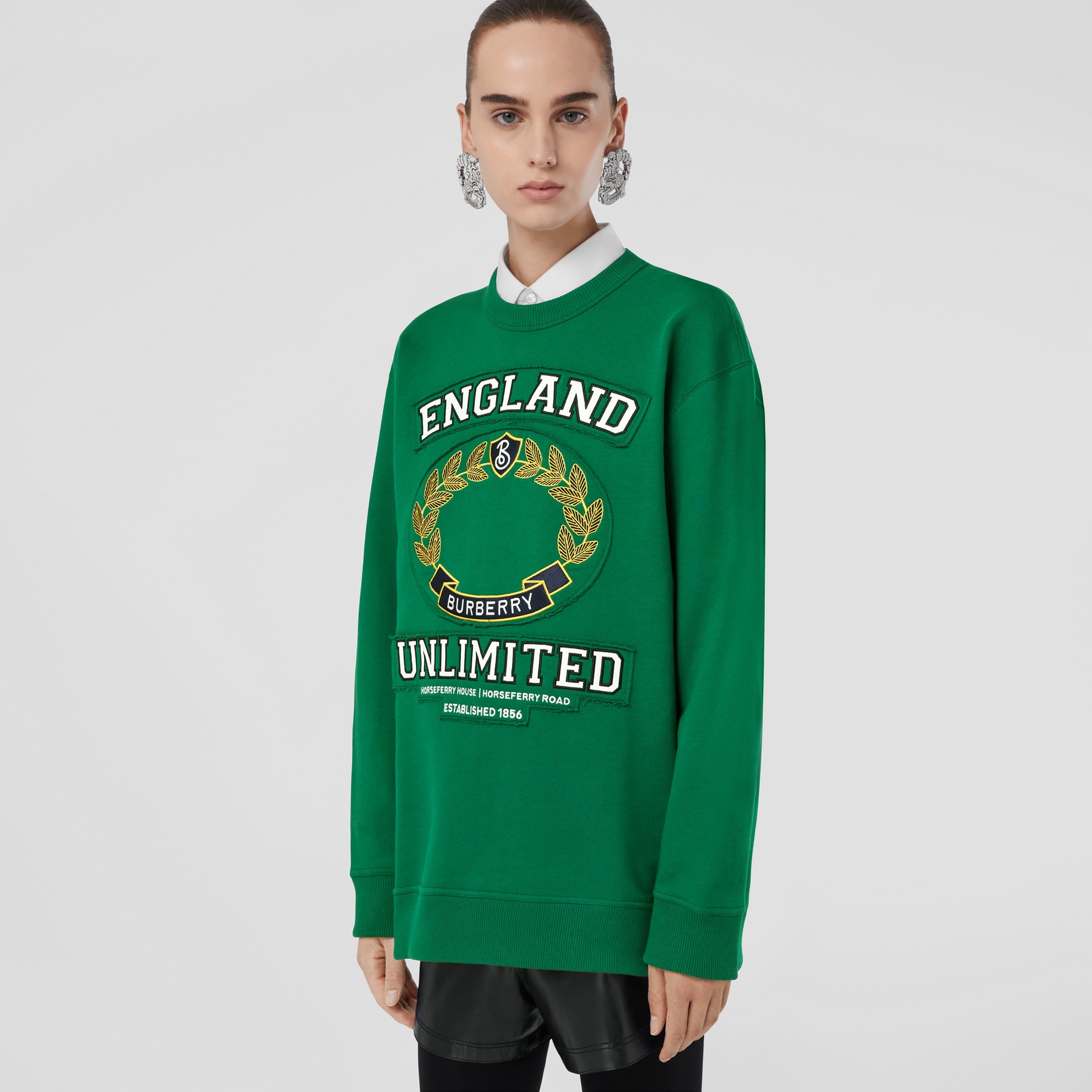 College Graphic Cotton Oversized Sweatshirt in Deep Pine Green - Women | Burberry® Official - 1