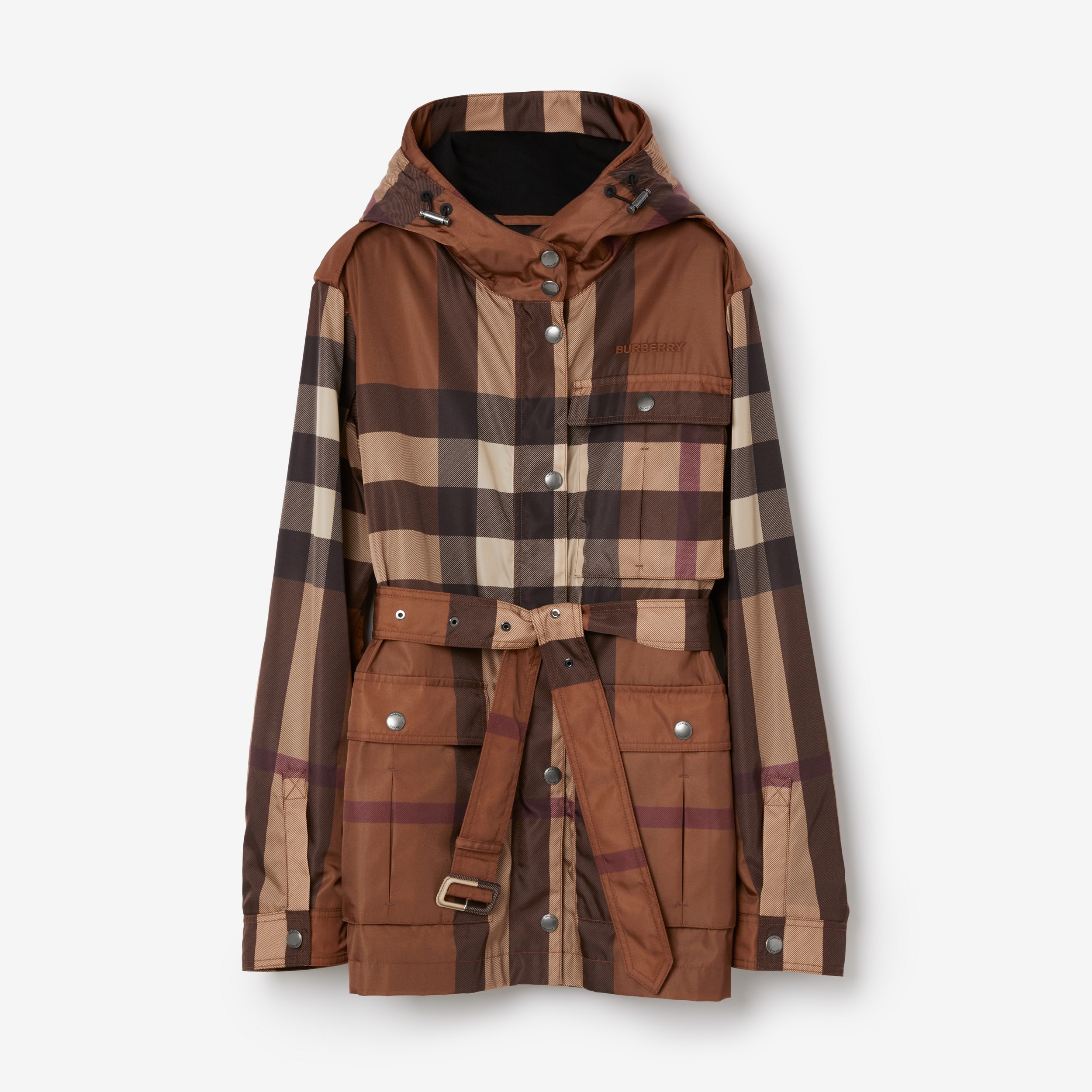 Check Nylon Hooded Field Jacket in Dark Birch Brown - Women | Burberry® Official - 1