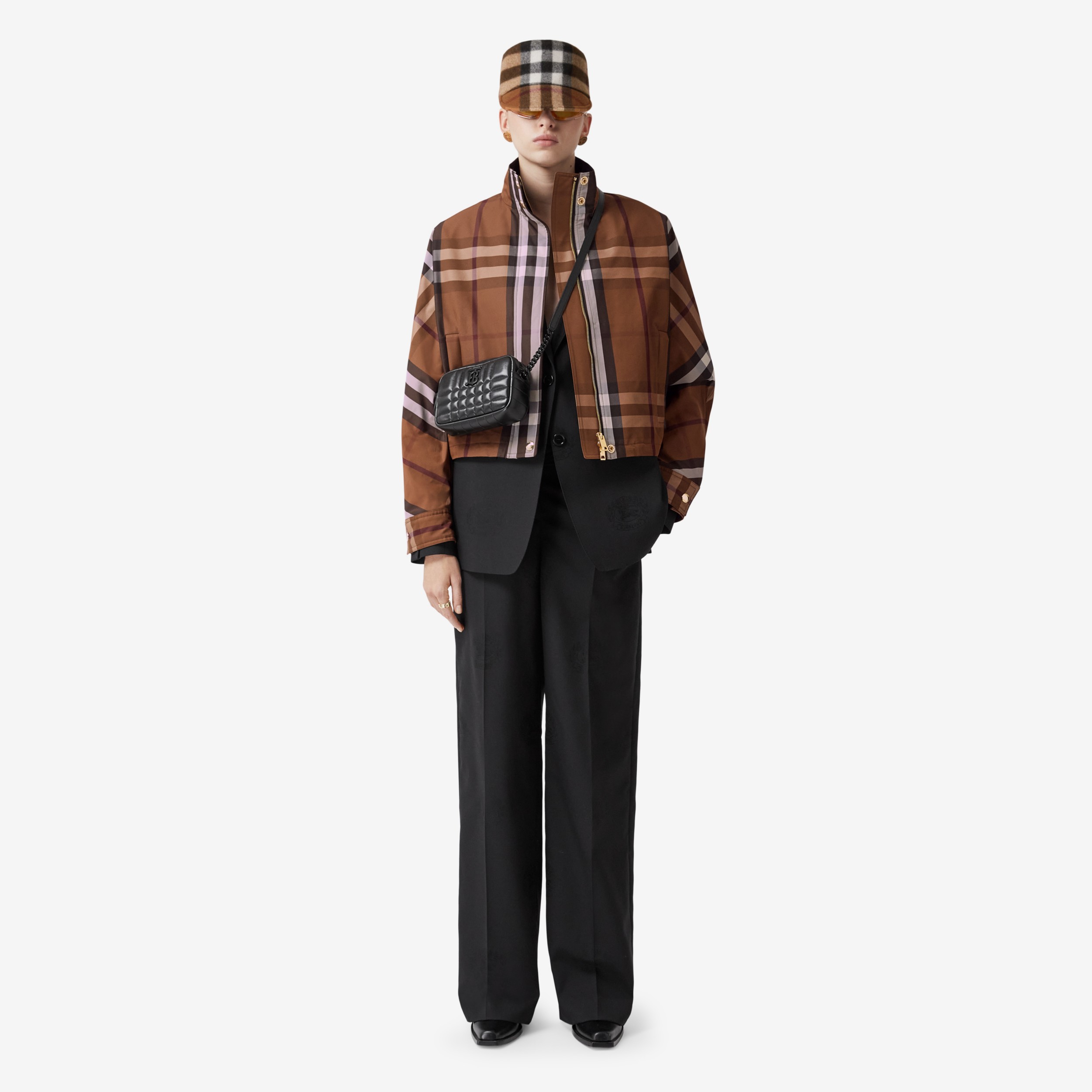 Check Nylon Funnel Neck Jacket in Dark Birch Brown - Women | Burberry® Official - 2