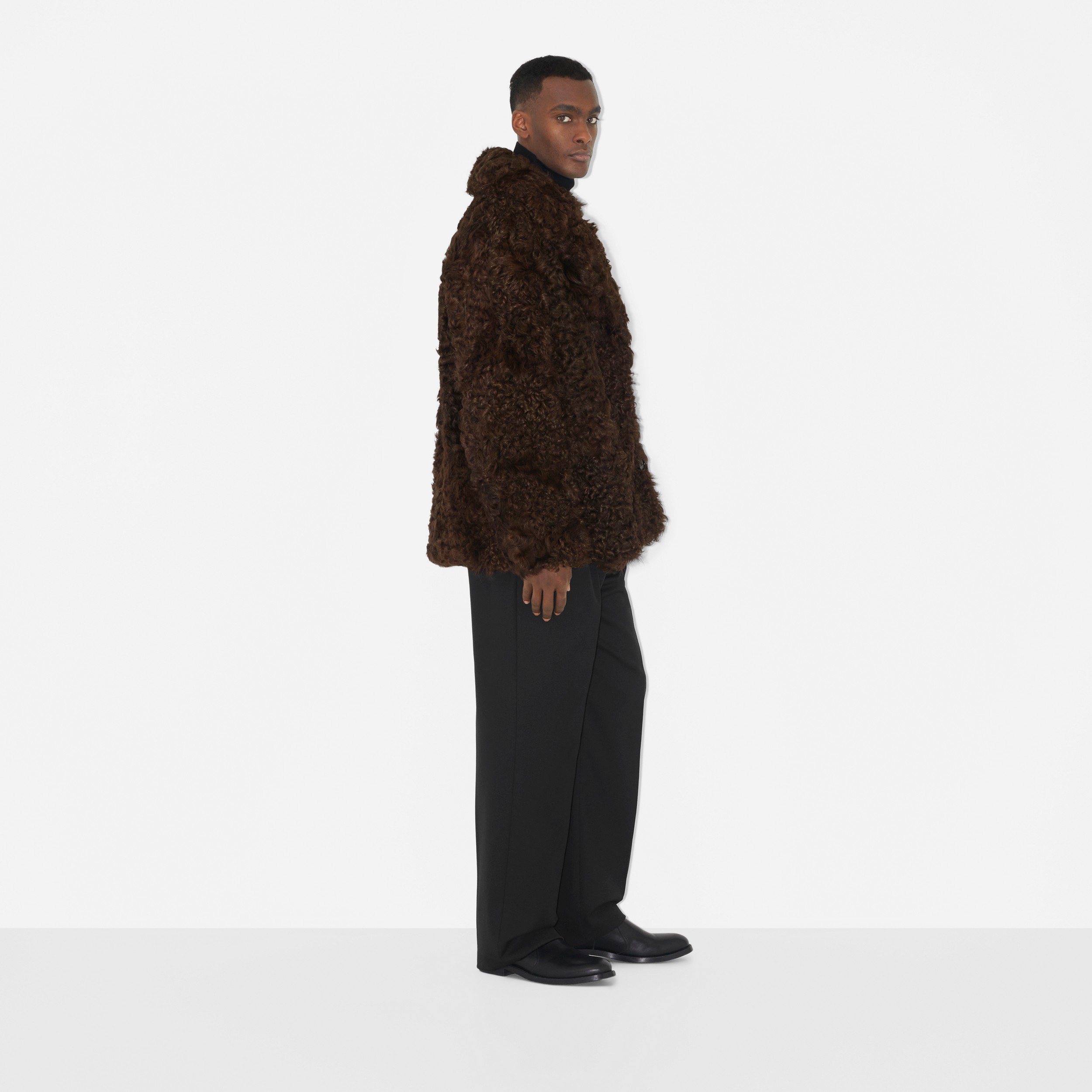 Exaggerated Lapel Shearling Pea Coat in Brown - Men | Burberry® Official - 3