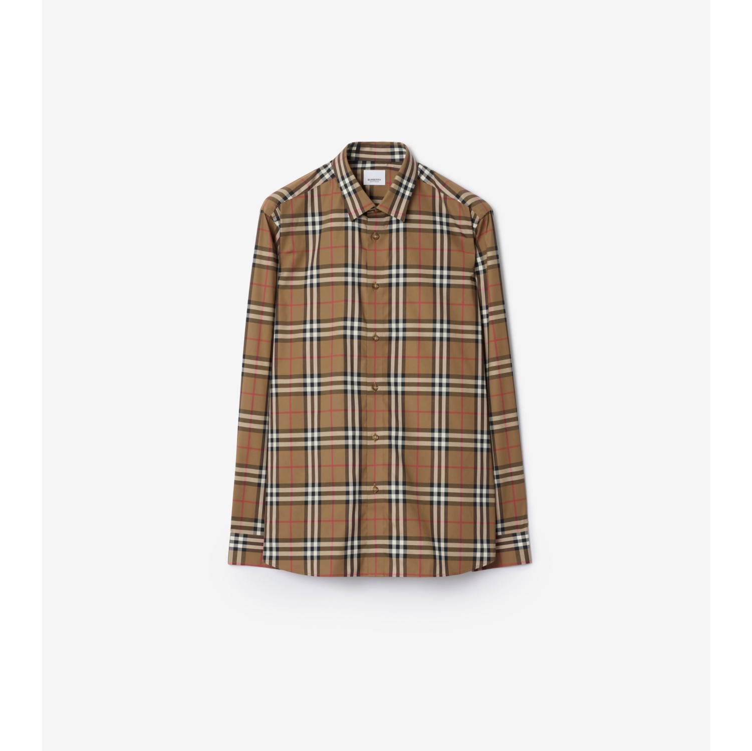 Slim Fit Check Stretch Cotton Shirt in Taupe brown
